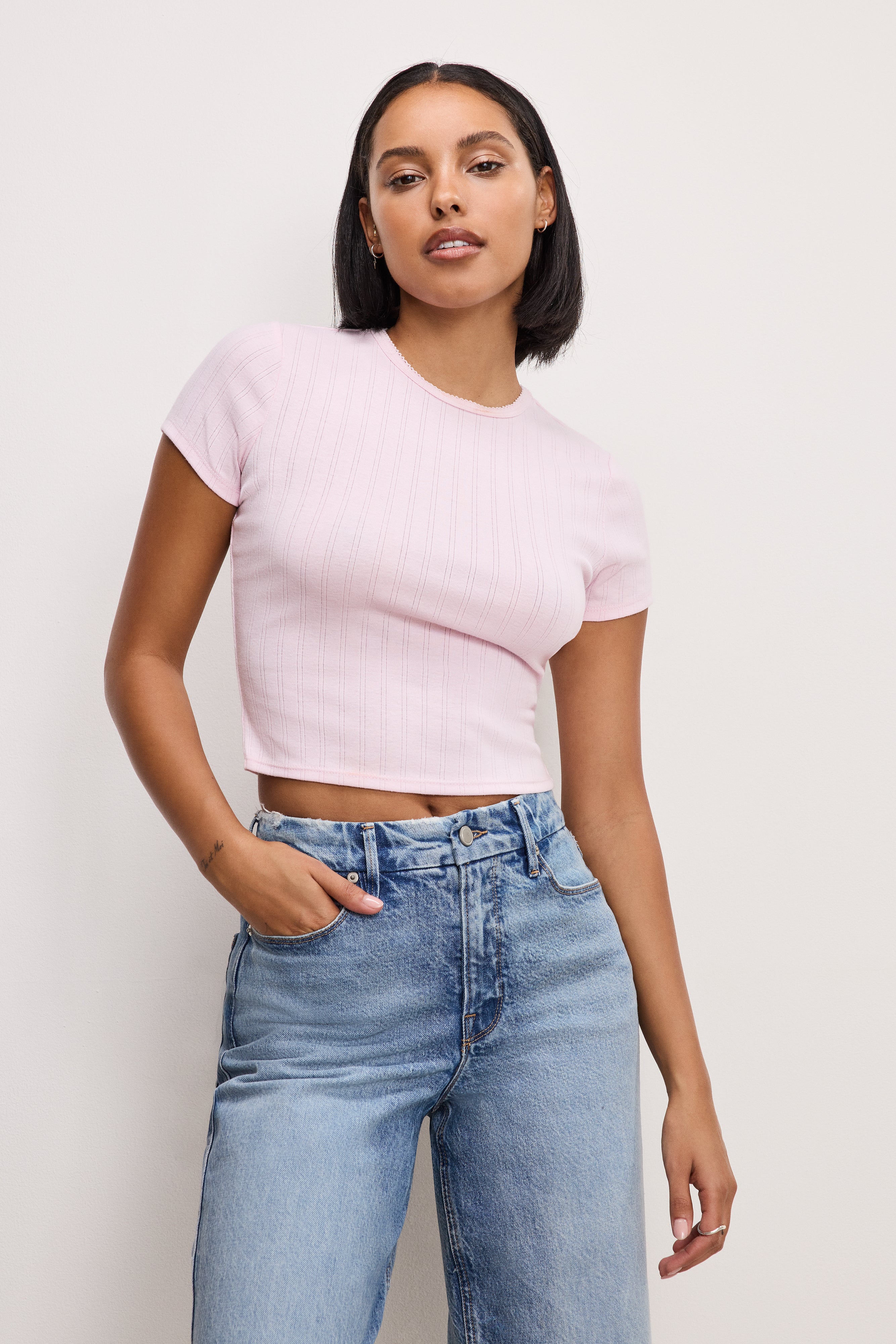 GOOD AMERICAN Ultra-Soft Pointelle-Knit Tee | Cotton Candy Pink Shade
