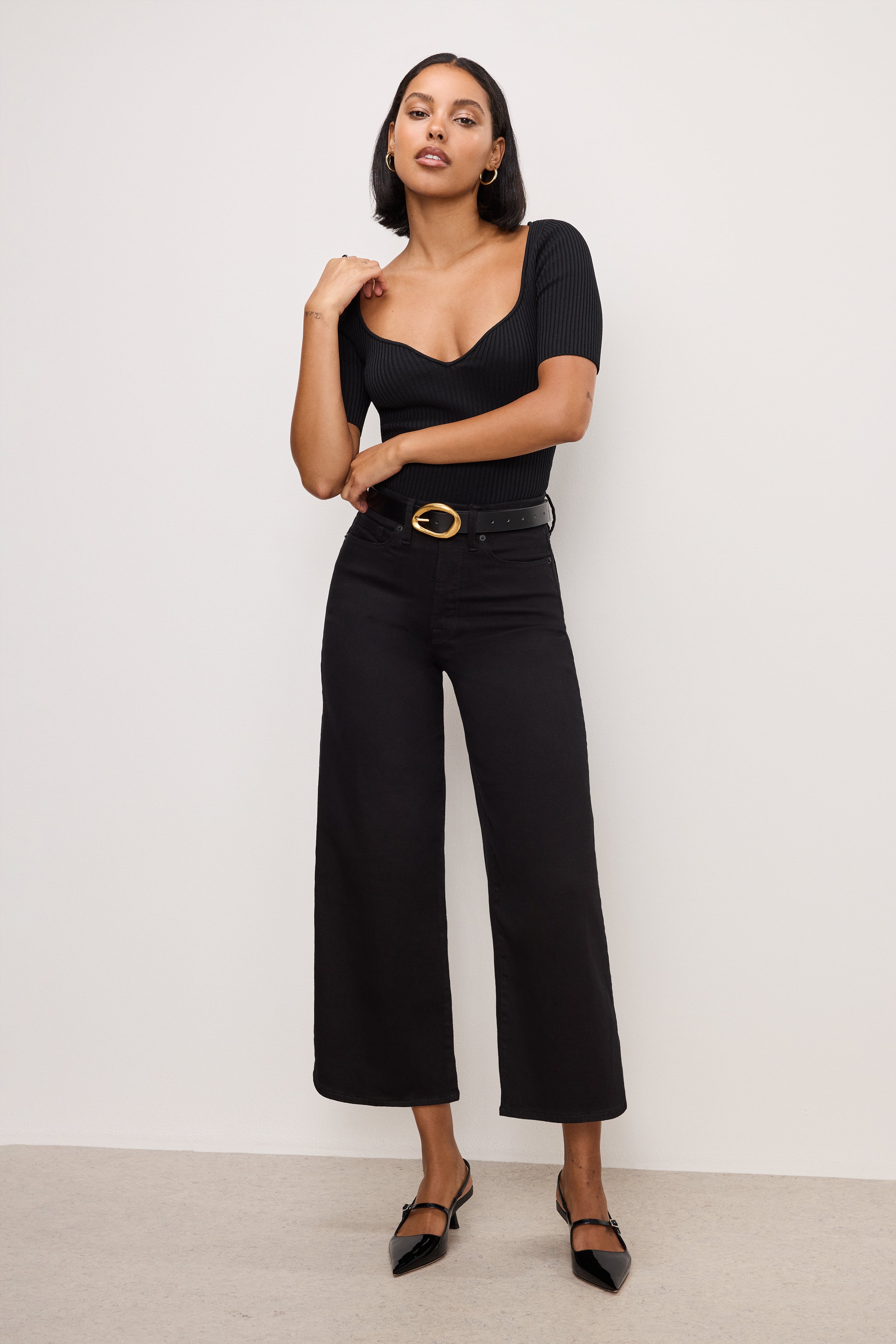 GOOD AMERICAN High-Waisted Cropped Palazzo Jeans with ColorLock Technology | Jet Black