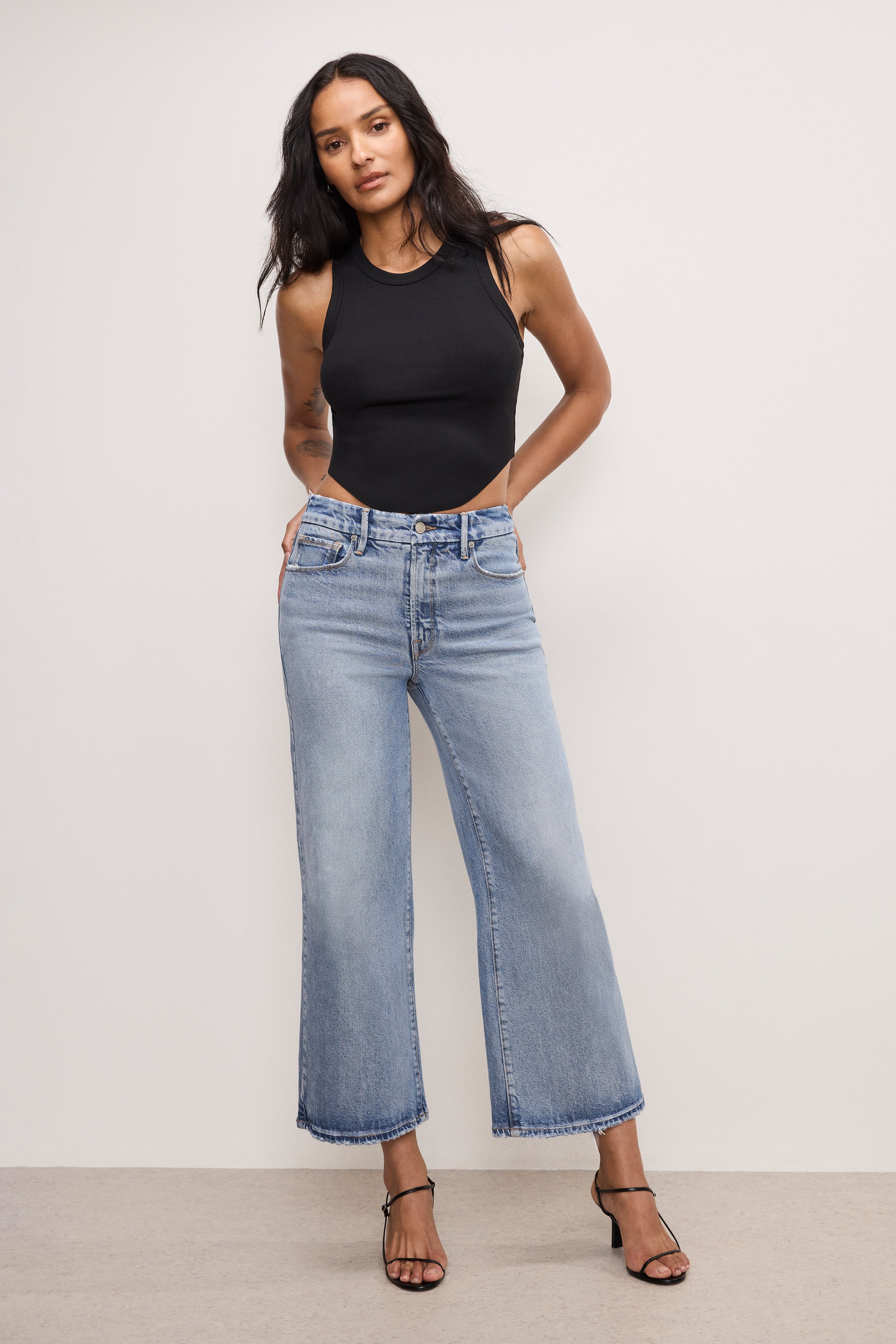 GOOD AMERICAN Soft-Stretch Tech Comfort Waist Wide-Leg Palazzo Cropped Jeans | Indigo Wash