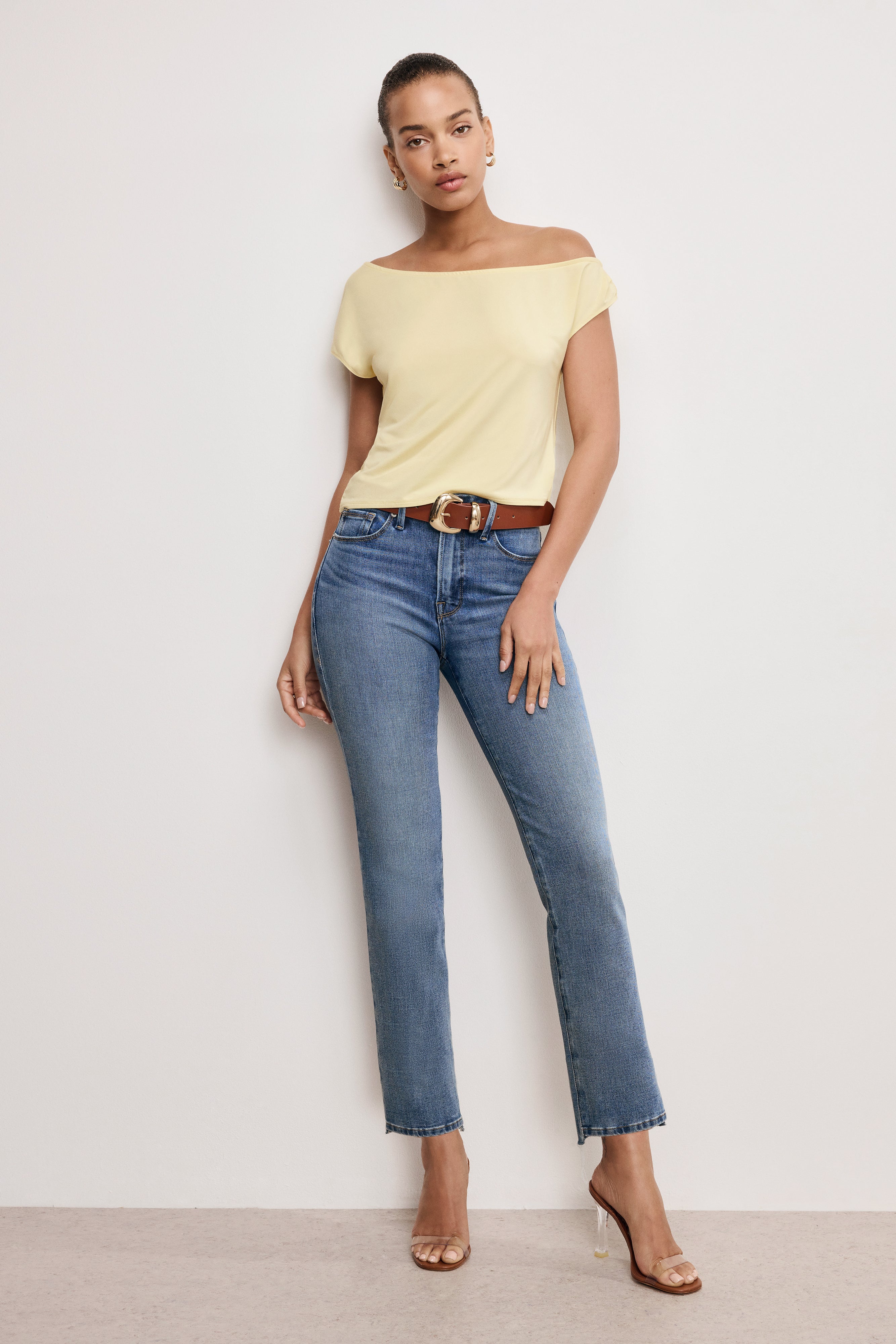 GOOD AMERICAN Soft Stretch Jersey Asymmetrical Neckline Top | Lightweight Comfort (RAY001) 