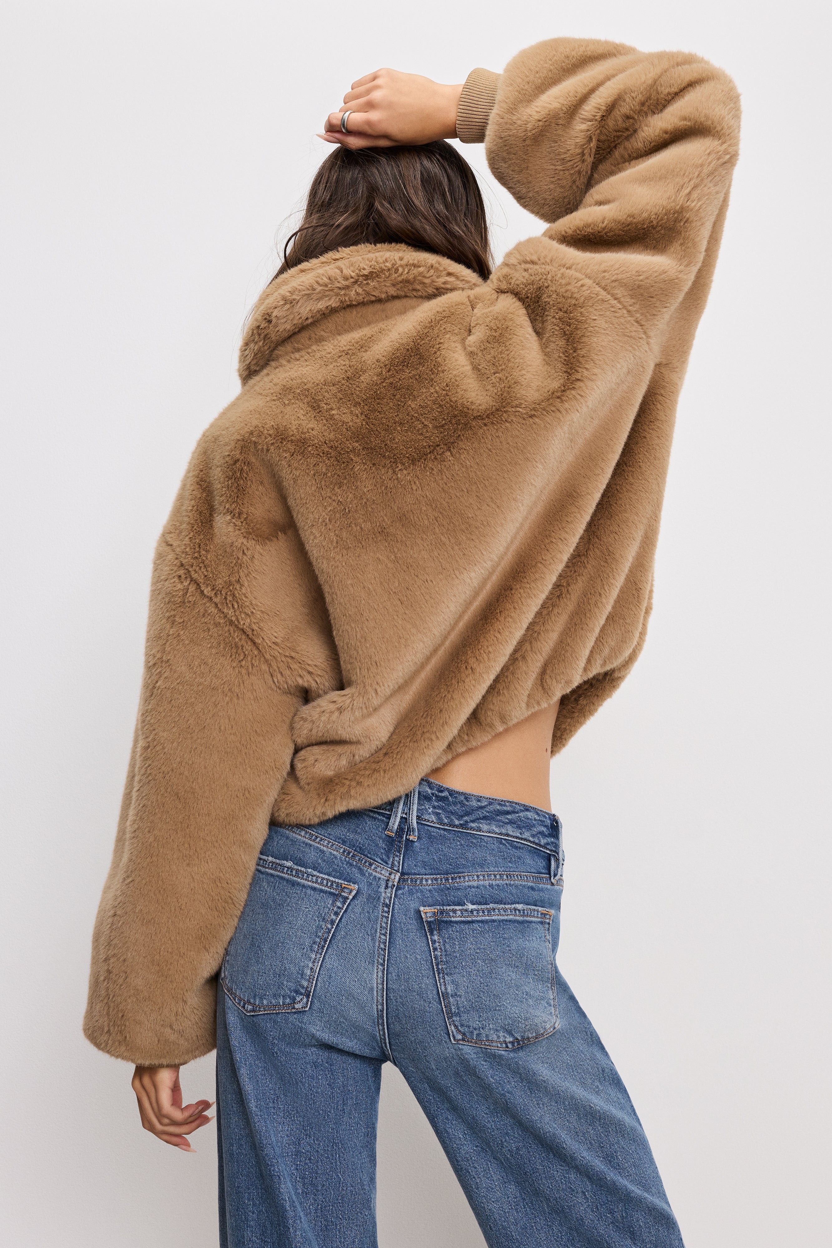GOOD AMERICAN Luxe Faux Fur-Trimmed Winter Coat | Cozy Caramel Brown