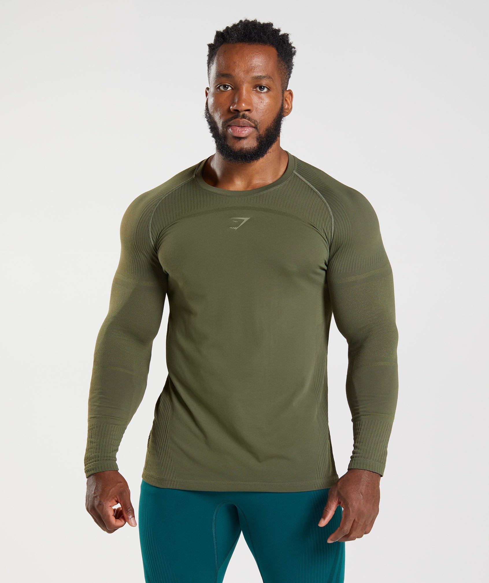 GYMSHARK Gymshark 315 Performance Long Sleeve Tee - Olive Green & Marsh Hue Stretch-Knit Workout Top
