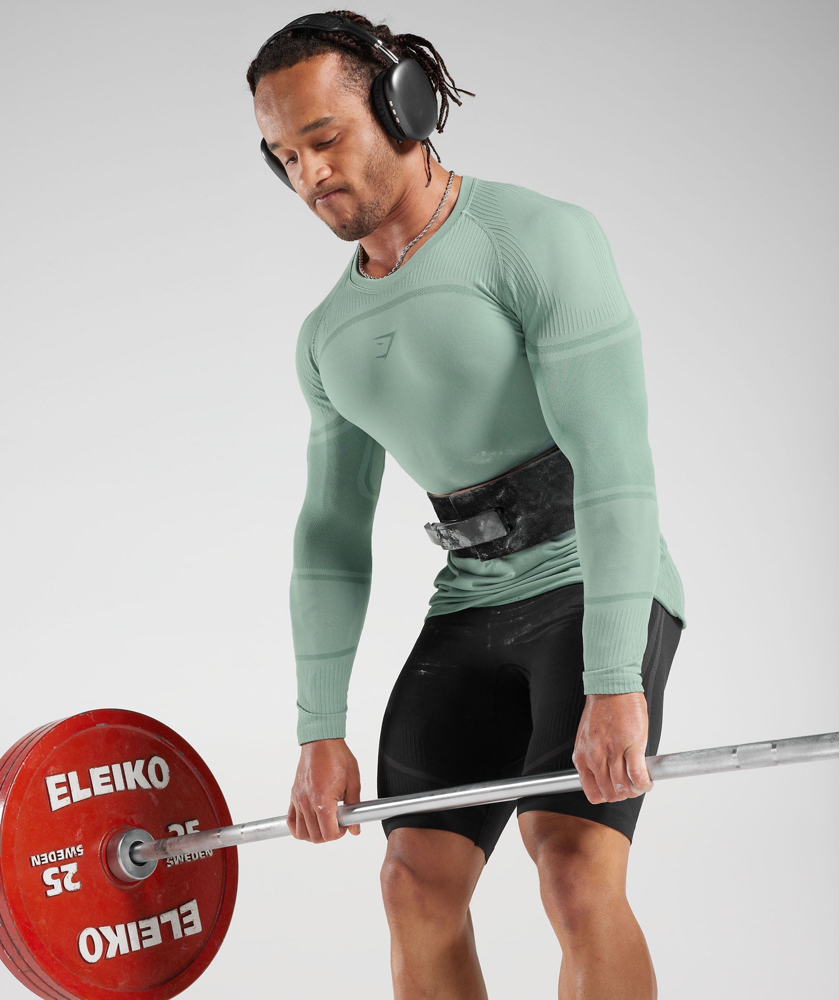 GYMSHARK Flex Seamless Long Sleeve Workout Tee - Frost & Ink Teal Colorblock 