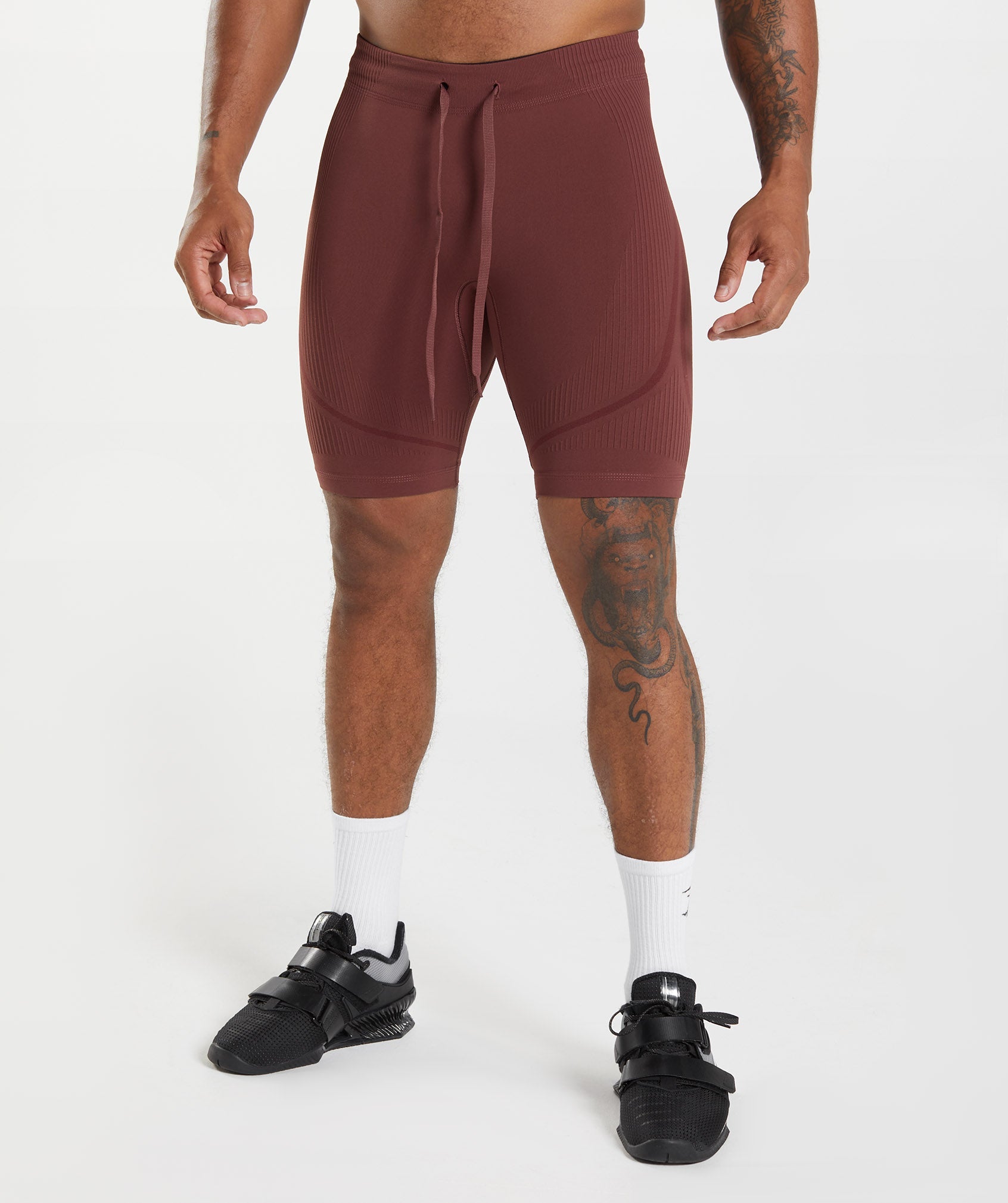 GYMSHARK Gymshark 315 Seamless-Fit Mid-Length Workout Shorts - Cherry Brown & Athletic Maroon Colorway