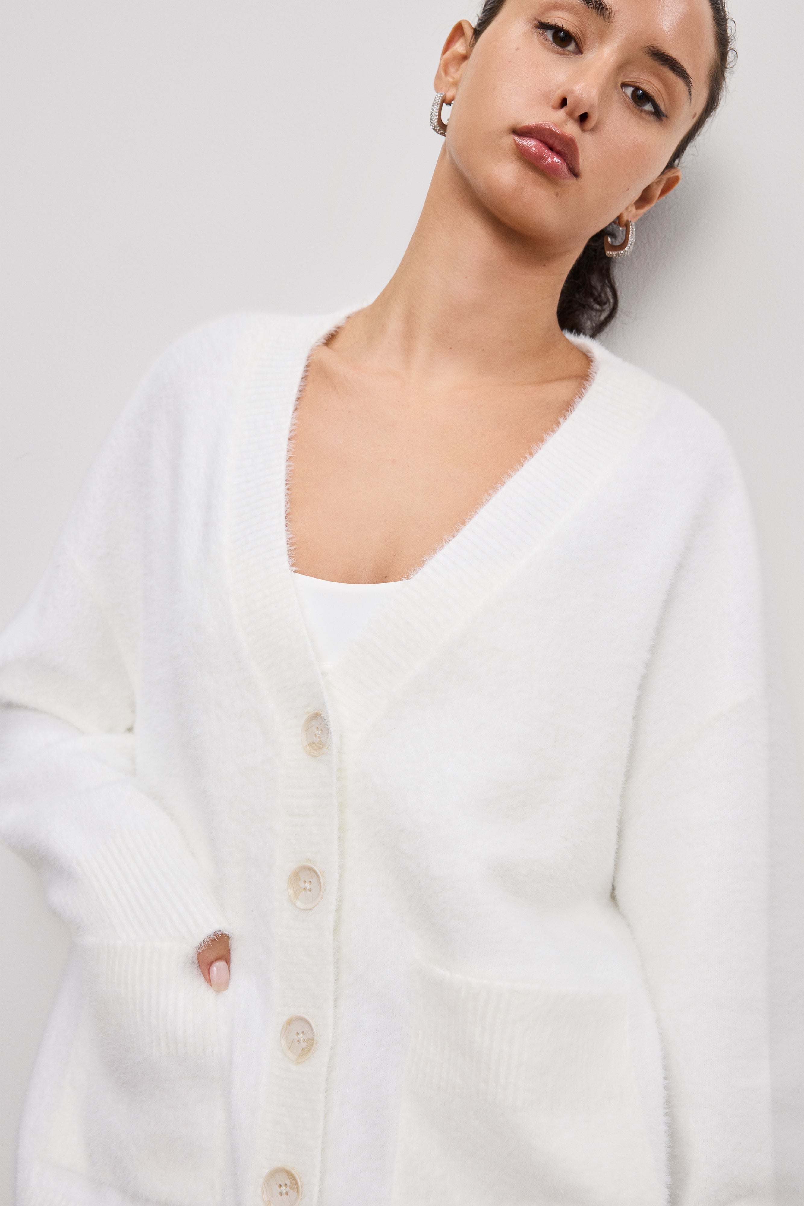 GOOD AMERICAN Ultra-Cozy Oversized Cardigan - Plush Knit Sweater in Cloud White