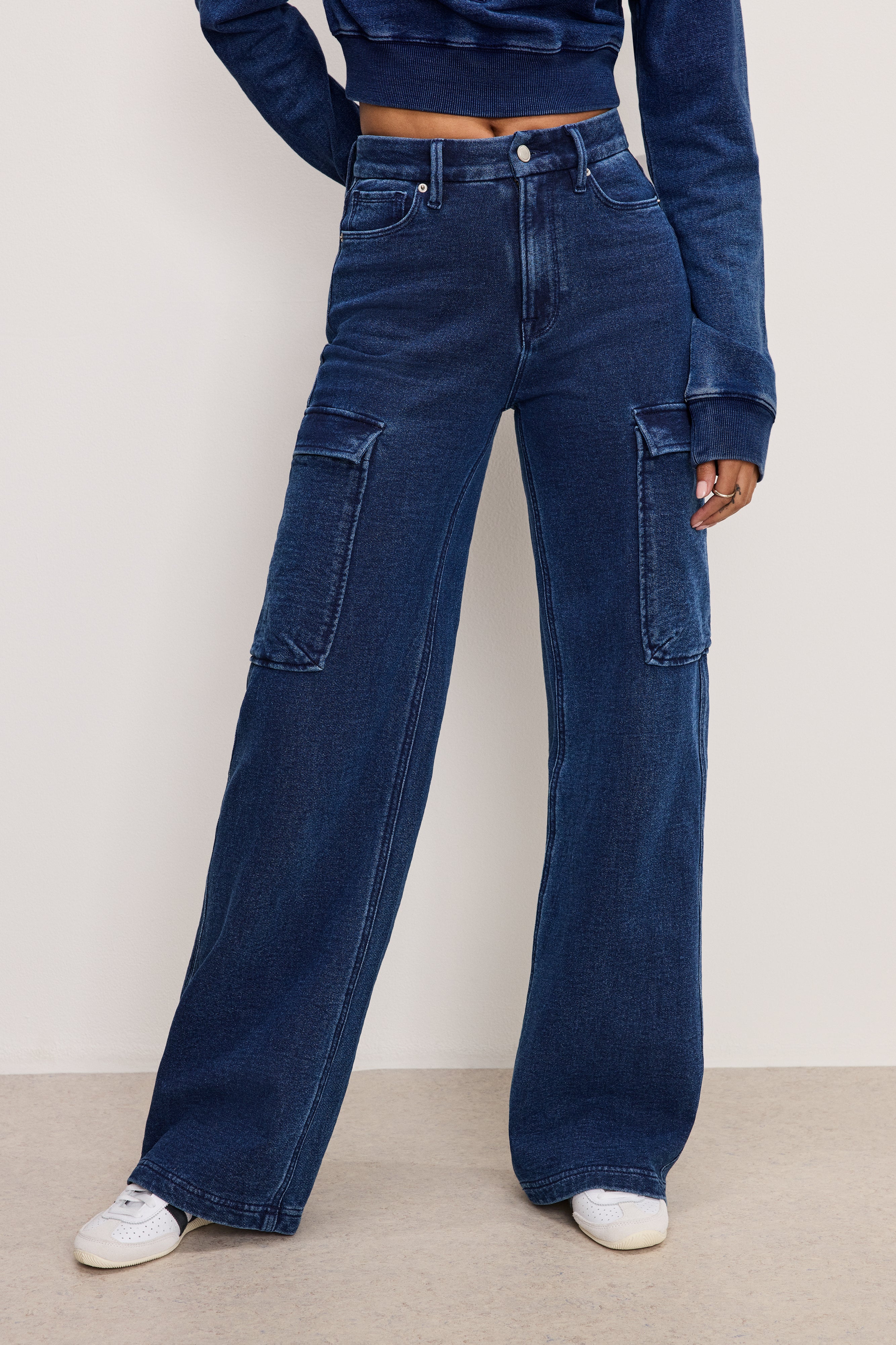 GOOD AMERICAN Jeanius Skate-Ready Utility Cargo Pants | Vintage Indigo Wash