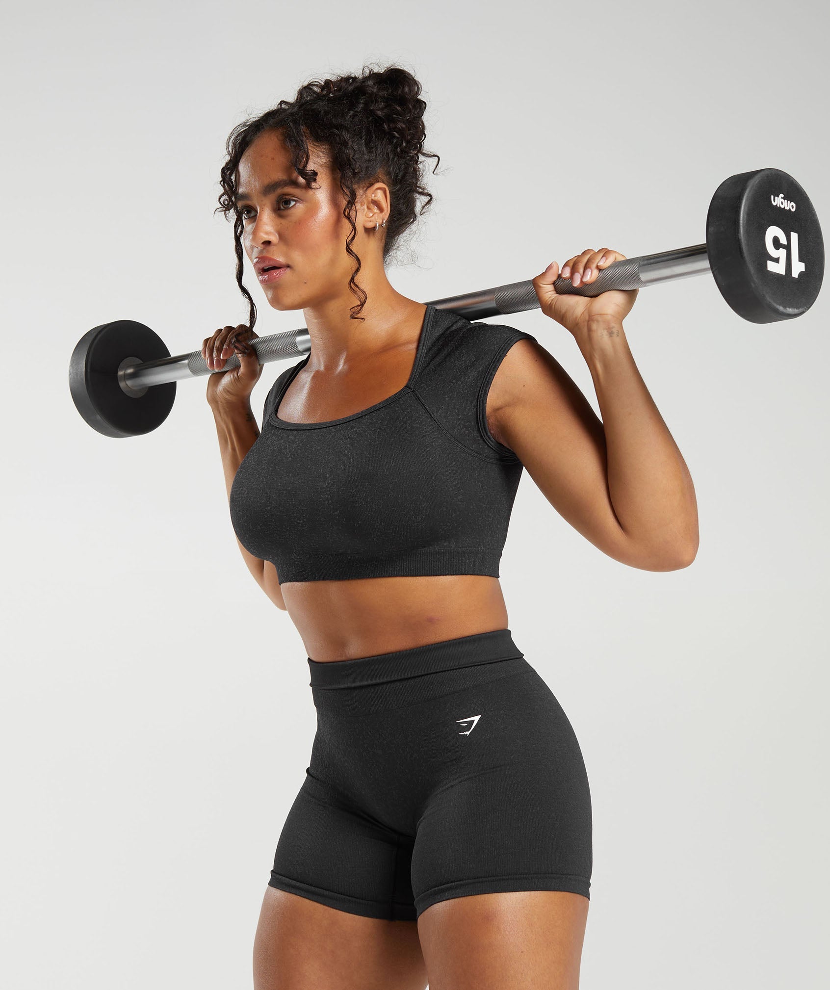 GYMSHARK Adaptive Fleck Print Seamless Workout Crop Top - Breathable Smokey Grey & Black 