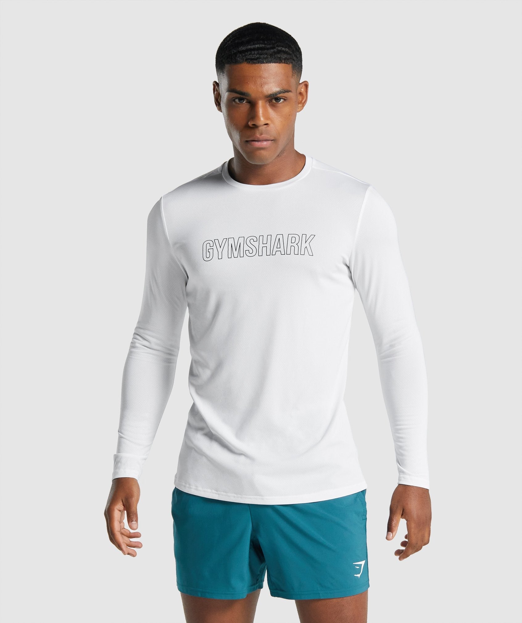 GYMSHARK Gymshark Essential Long Sleeve Graphic Tee with Contrast Print - White & Heather Grey | Casual Fit