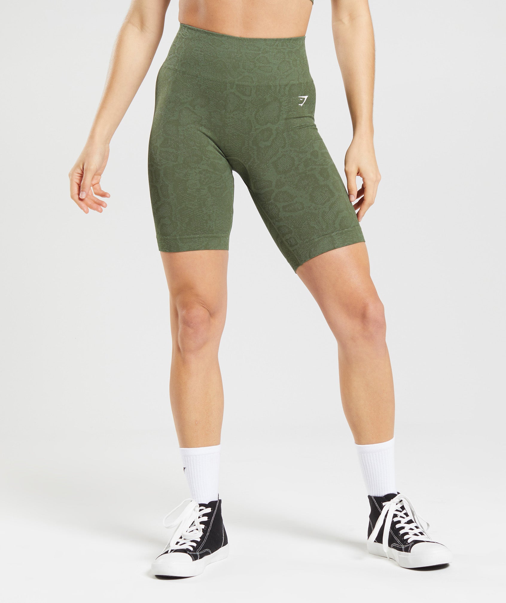 GYMSHARK Adapt Animal Print Seamless Bike Shorts - Willow Green & Core Olive Colorblock Design