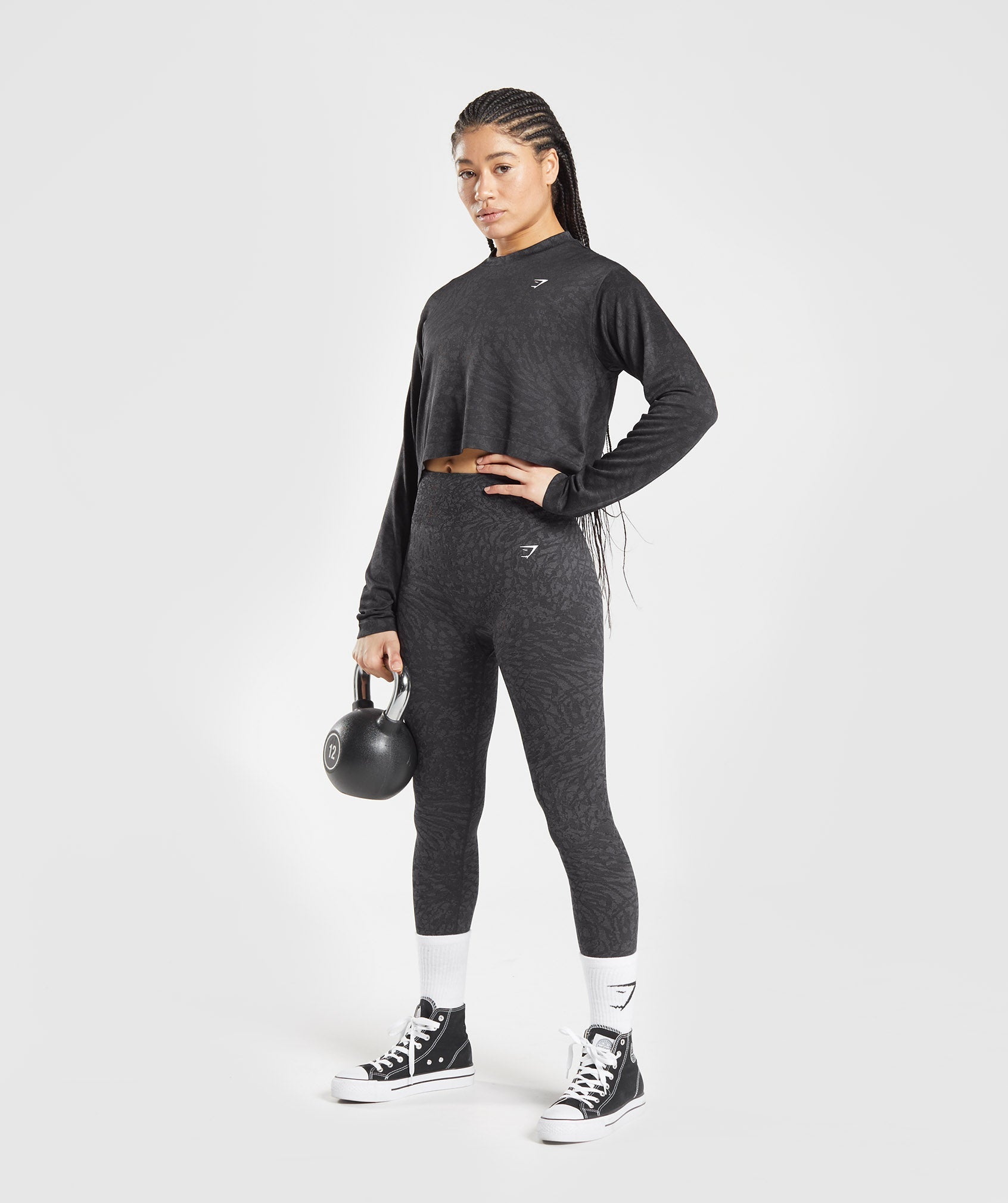 GYMSHARK Gymshark Performance-Fit Animal Print Seamless Long Sleeve Workout Top - Black with Wild Accents 