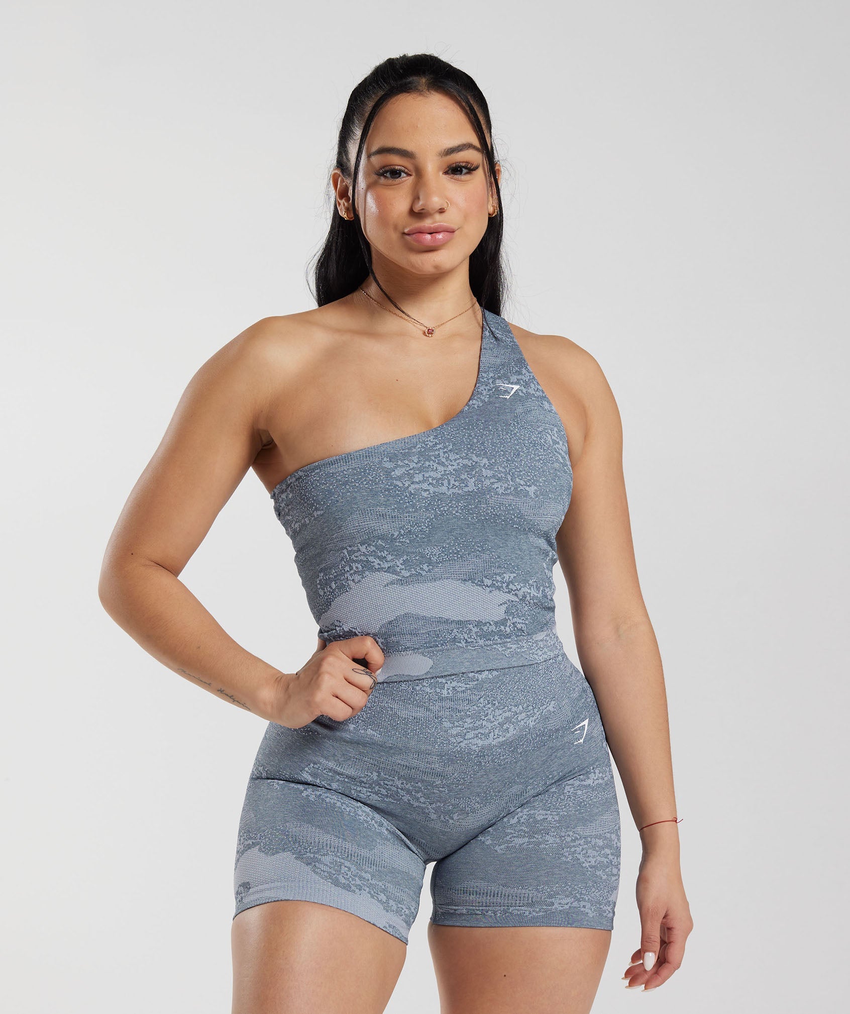 GYMSHARK Performance Camo Training Tank Top | Lava Red with River Stone Grey & Evening Blue Accents