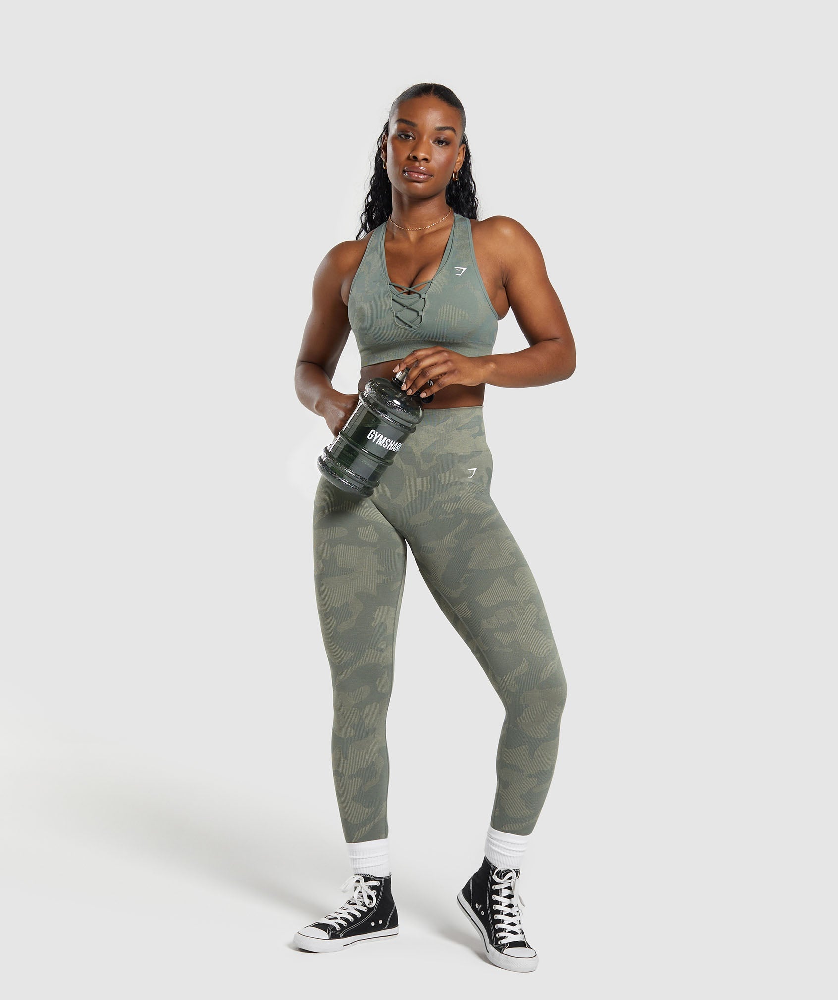 GYMSHARK Adapt Camo Seamless Workout Bra - Breathable Comfort in Unit Green & Chalk Green