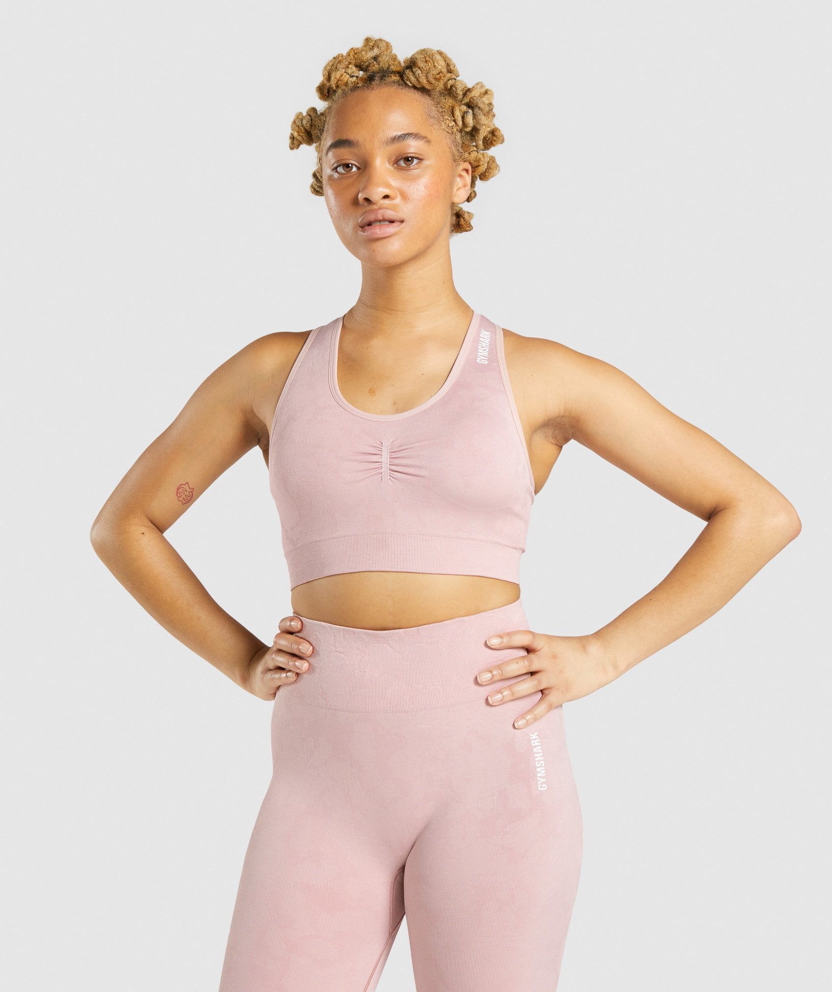 GYMSHARK Adapt Camo Print Seamless Sports Bra with Crisscross Back Strap - Soft Blush Pink Tone