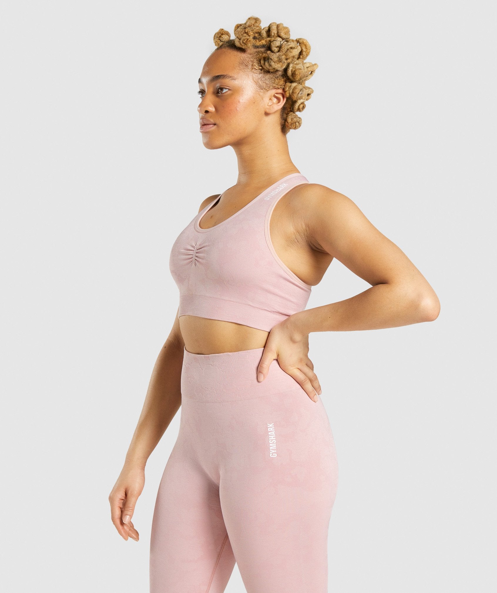 GYMSHARK Adapt Camo Print Seamless Sports Bra with Crisscross Back Strap - Soft Blush Pink Tone 
