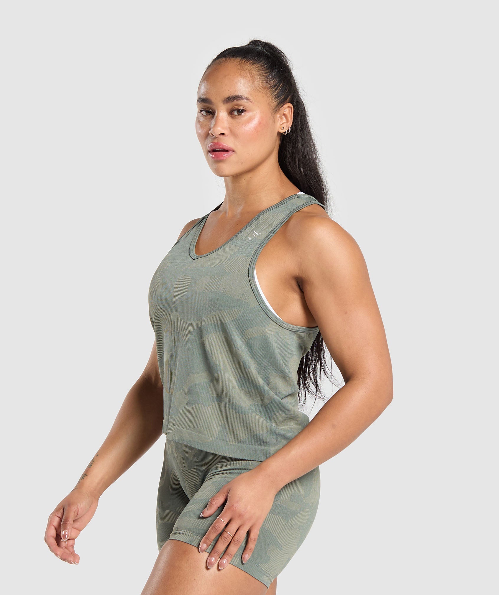 GYMSHARK Adaptive Camo Fitness Tank Top | Breathable Workout Apparel in Moss Green/Mineral 