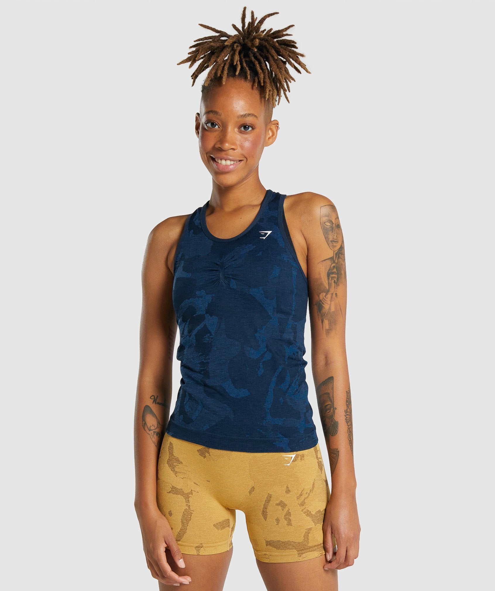 GYMSHARK Camo-Seamless Fitness Tank Top - Breathable Savanna Print in Navy Blue