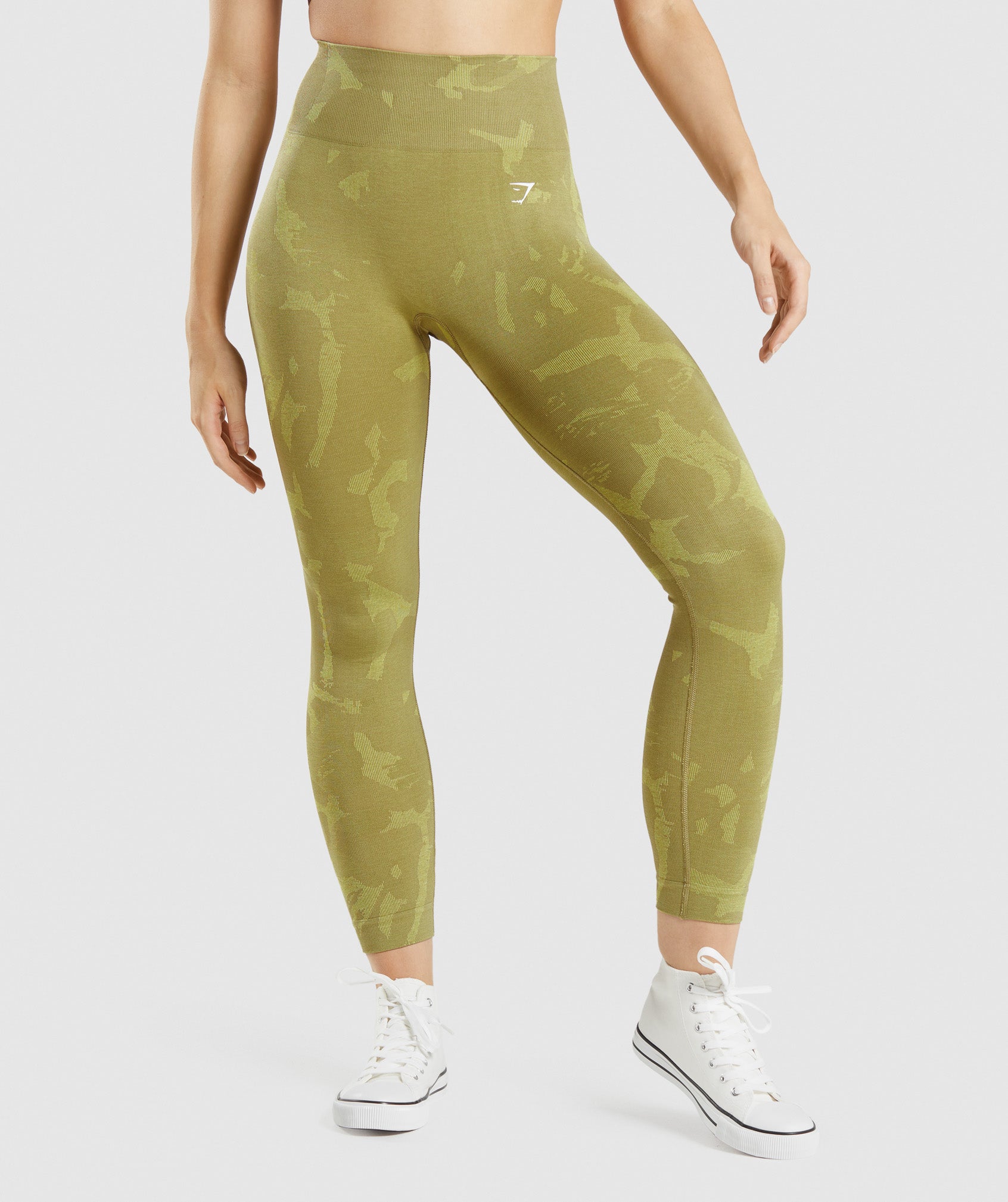 GYMSHARK Performance Camo-Print High-Waisted Workout Leggings - Buttery-Soft & Breathable in Savanna/Griffin Green