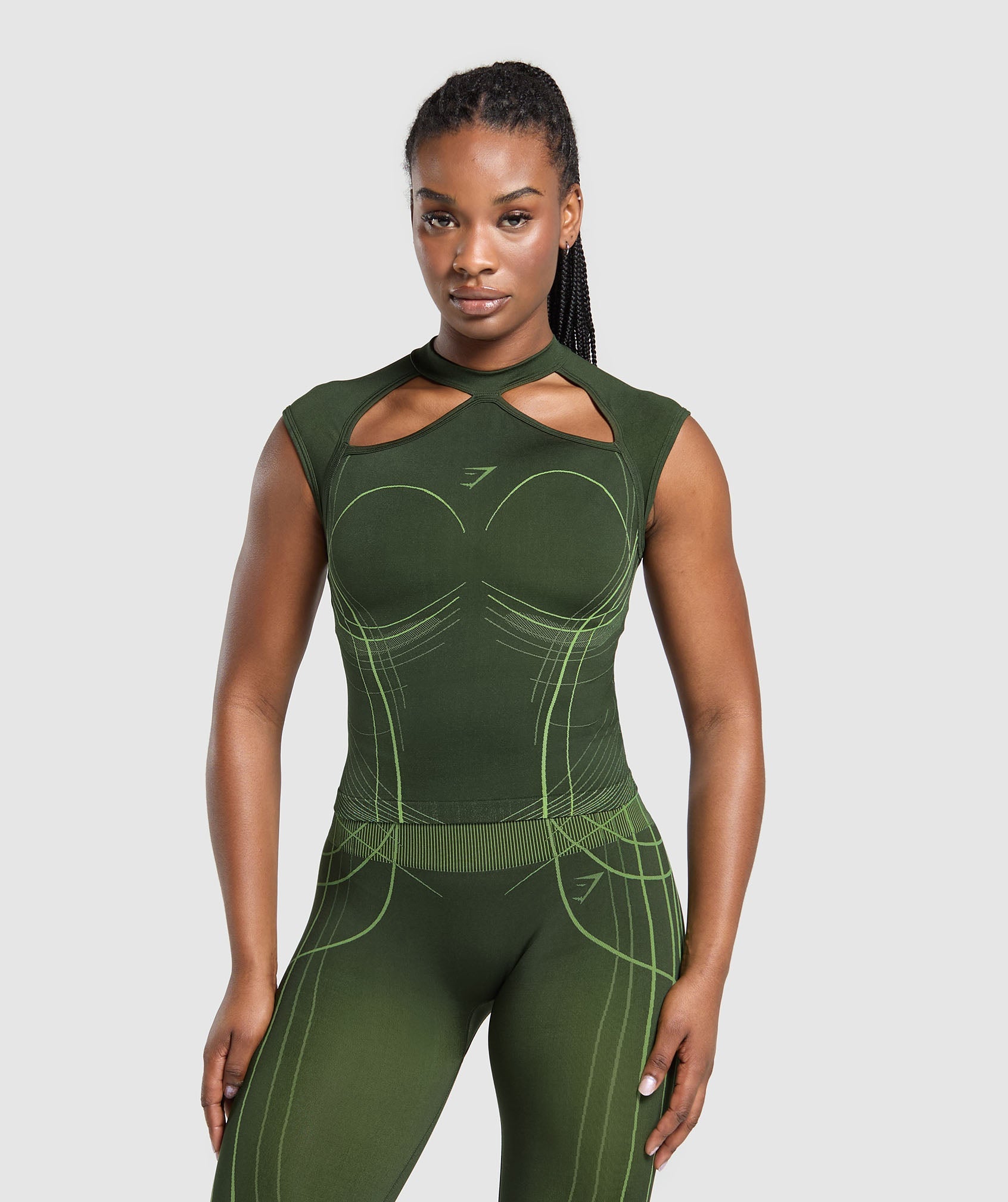 GYMSHARK Gymshark Performance-Fit Apex Seamless Mid-Length Tee - Trail Green & Energy Gelato Fusion Colorblock Design | Breathable Workout Essential