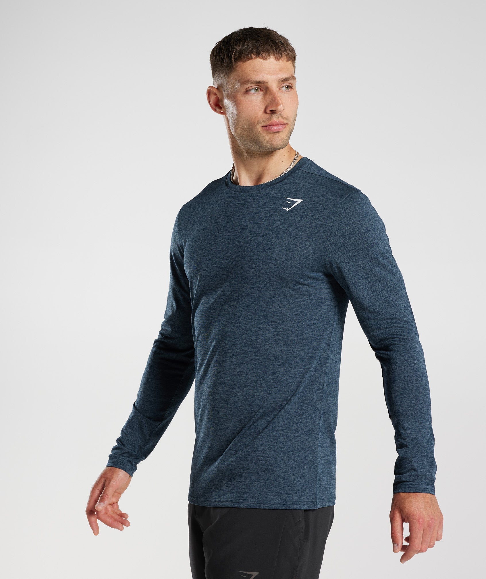 GYMSHARK Premium Marl Long Sleeve Performance Top - Navy/Smokey Teal Heather Blend