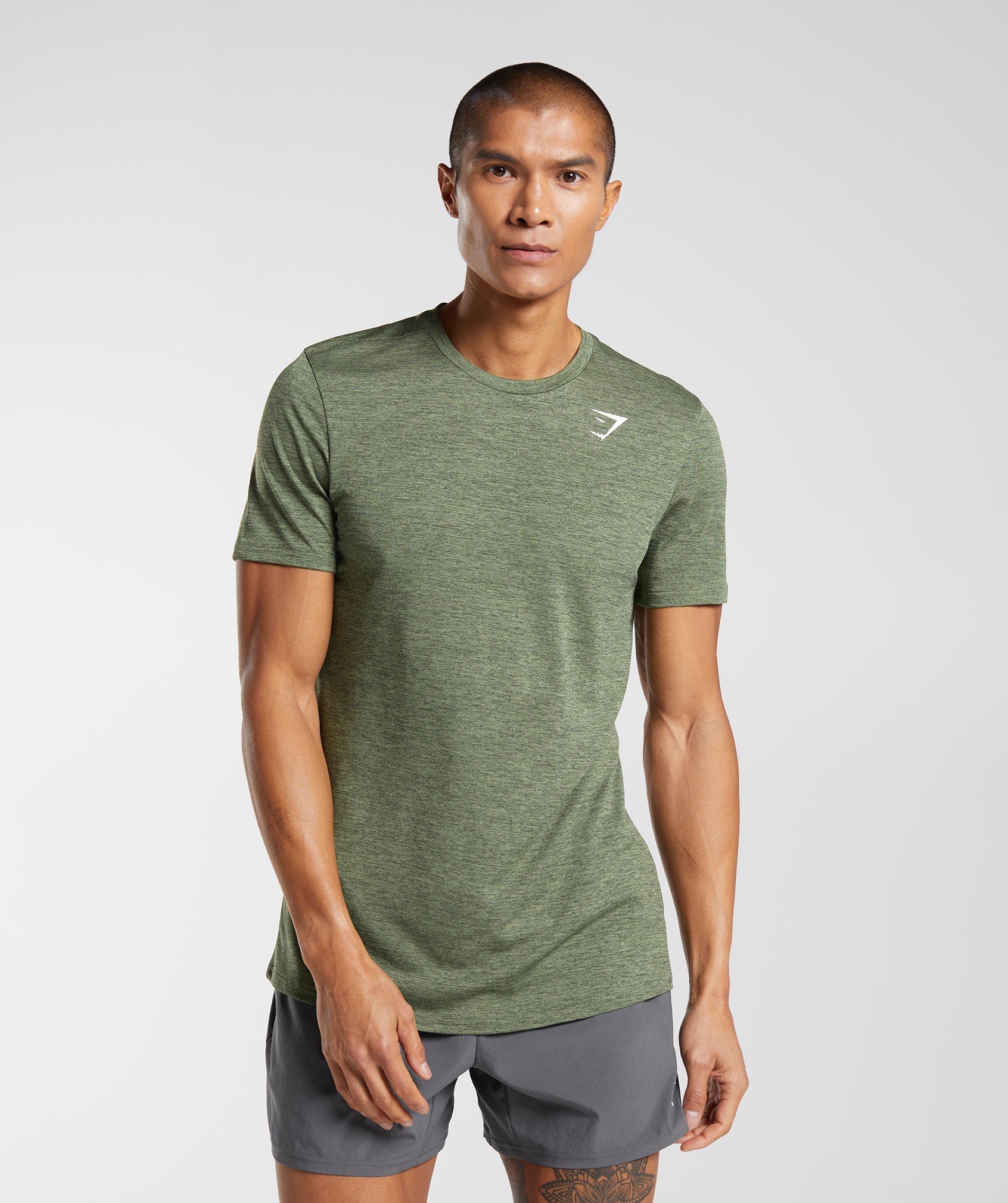 GYMSHARK Gymshark Essential Marl Performance Tee - Athletic Fit in Heathered Core Olive/Kalamata Olive Marl
