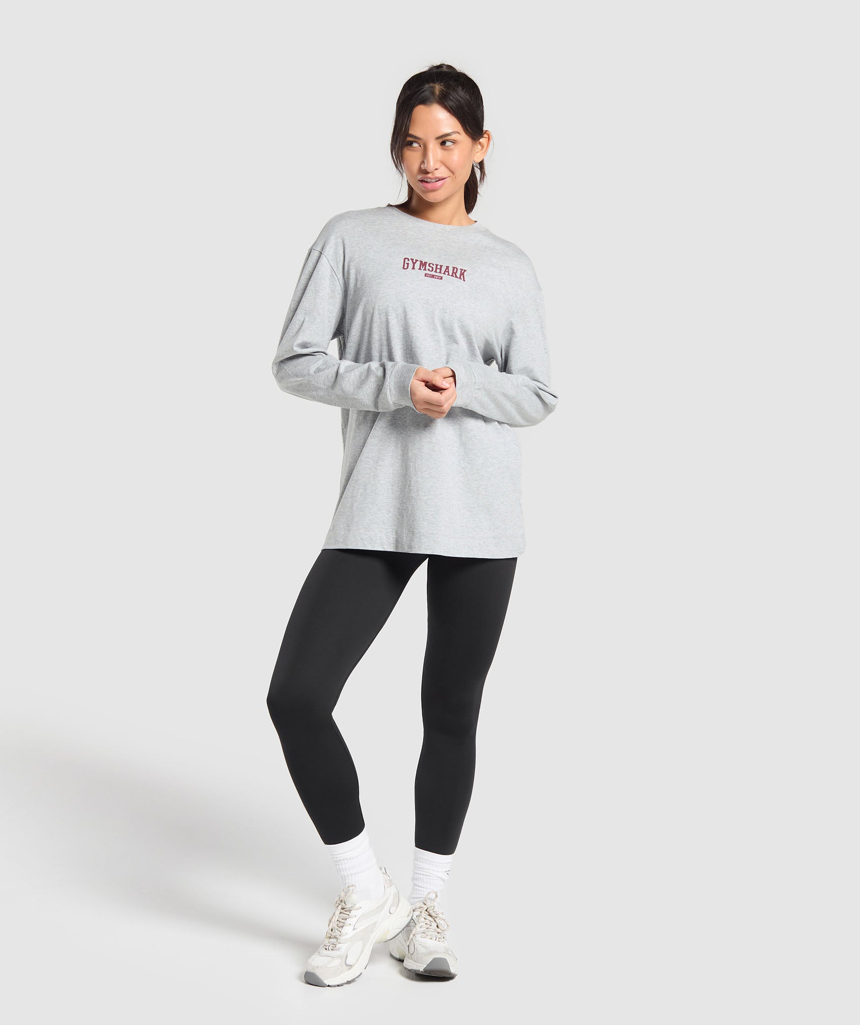 GYMSHARK Gymshark University-Inspired Long Sleeve Crewneck - Soft Grey Marl Athleisure Top 