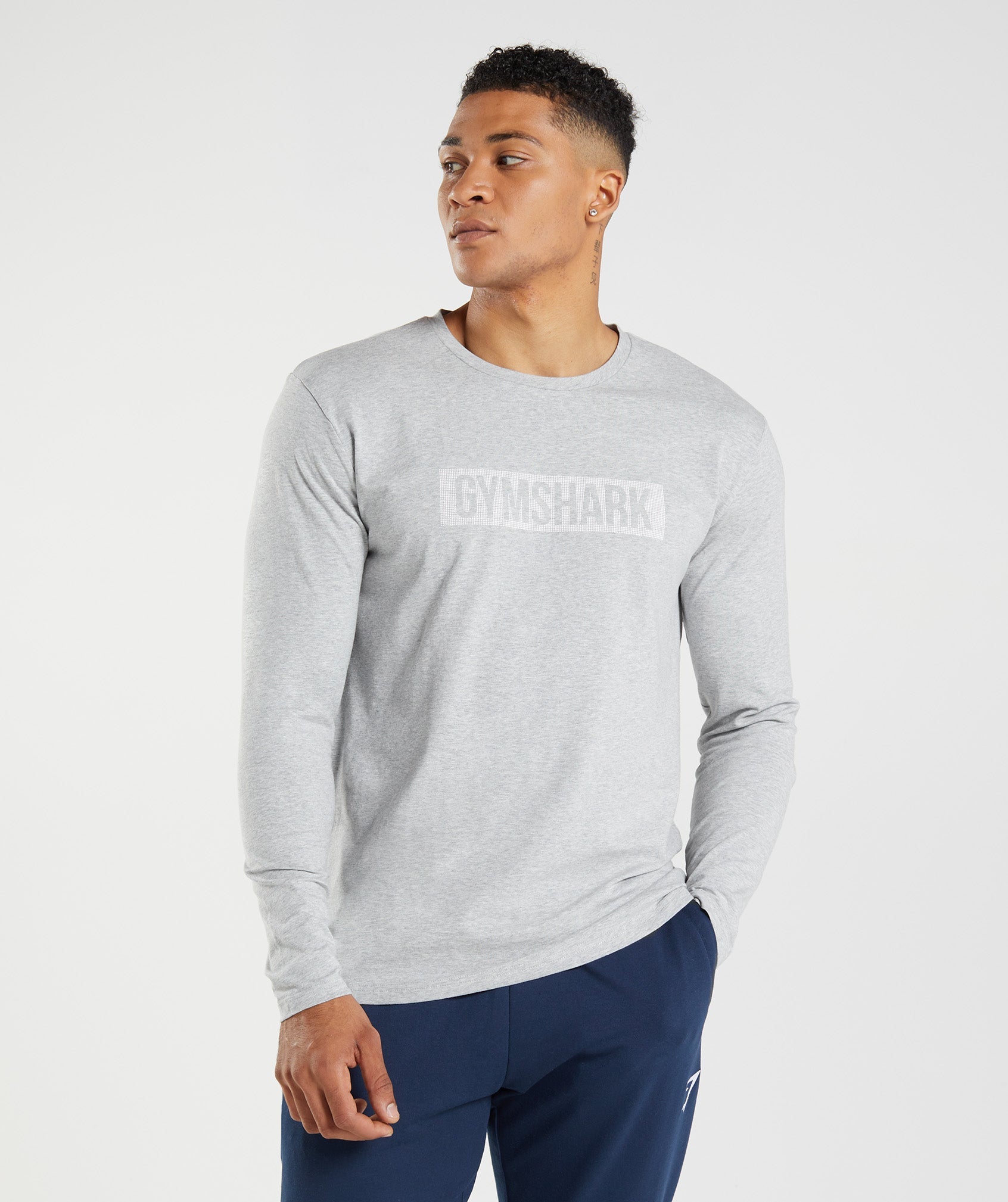GYMSHARK Block Long Sleeve Crewneck Tee - Marl Light Grey