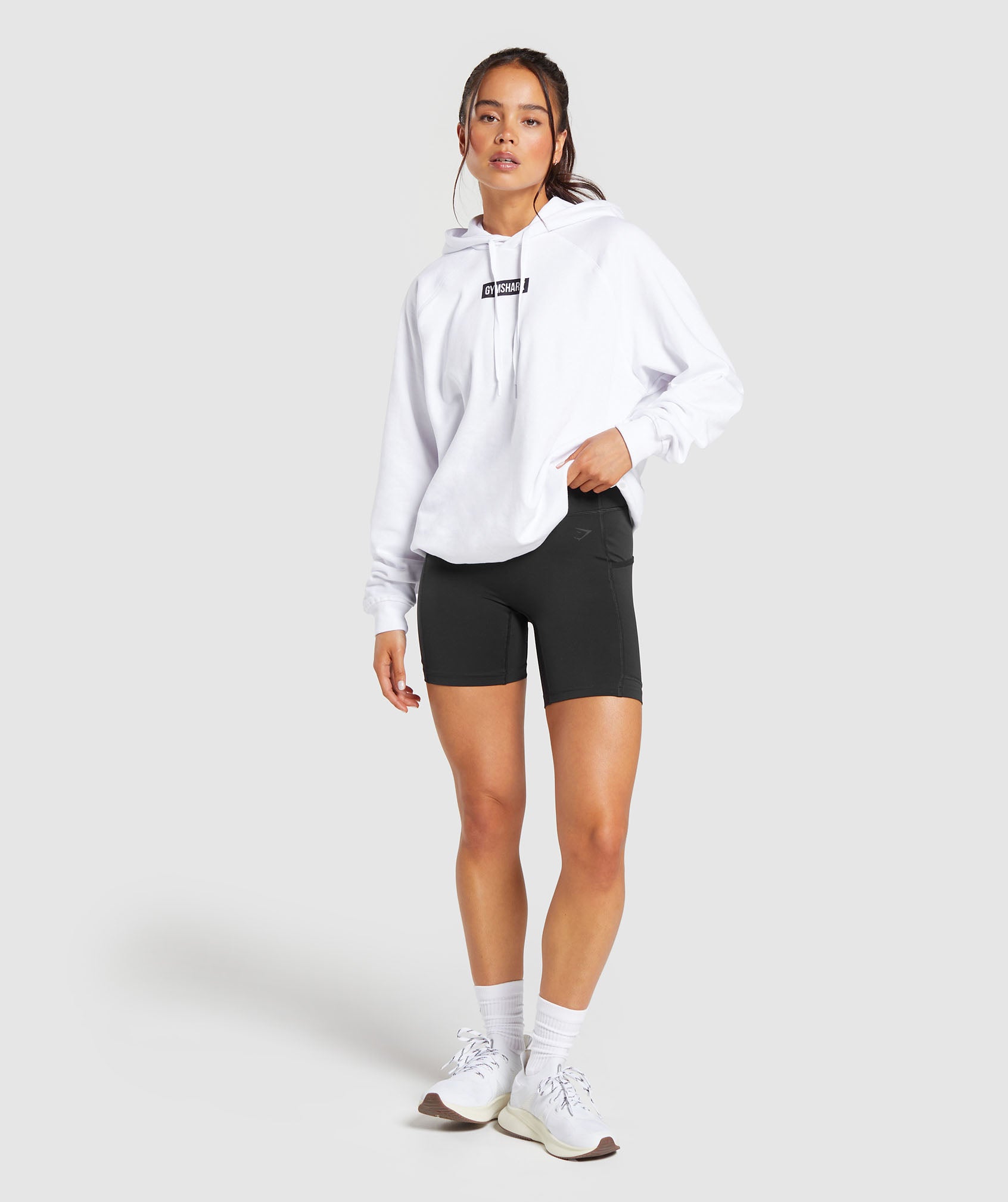 GYMSHARK Block Logo Relaxed Fit Hooded Sweatshirt - Cream & Charcoal 