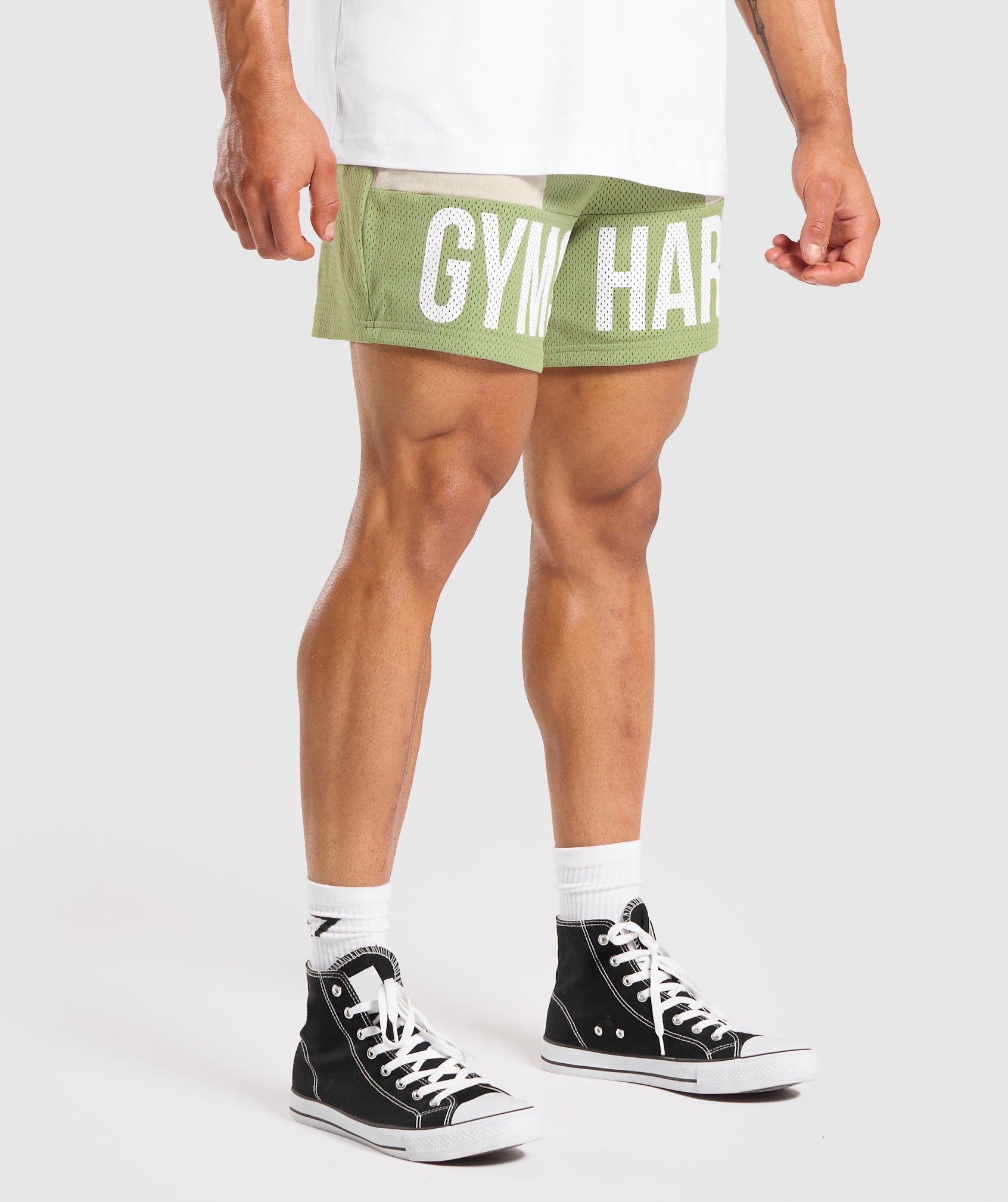 GYMSHARK Gymshark Performance 5-Inch Training Shorts with Breathable Mesh - Sage Grey & Pebble Stone Colorway 