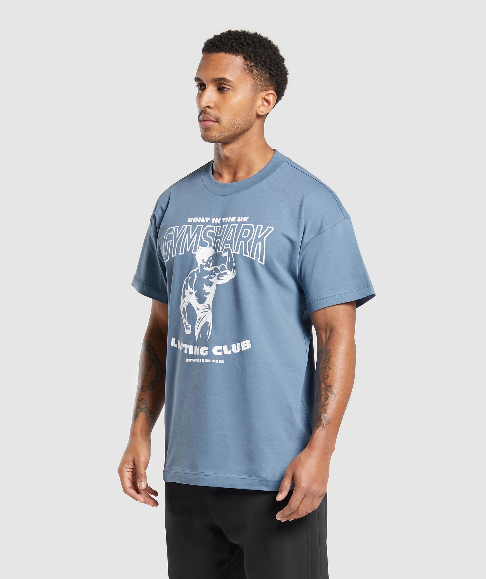GYMSHARK Classic Fit Vintage Washed Tee - UK Crafted Blue Crew Neck 