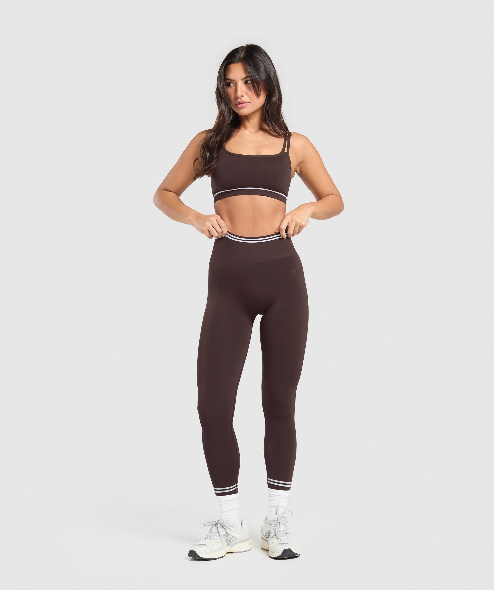 GYMSHARK GYMSHARK High-Waisted Contrast Panel Seamless Workout Leggings - Buttery-Soft Tummy Control with 4-Way Stretch in Rich Heritage Brown