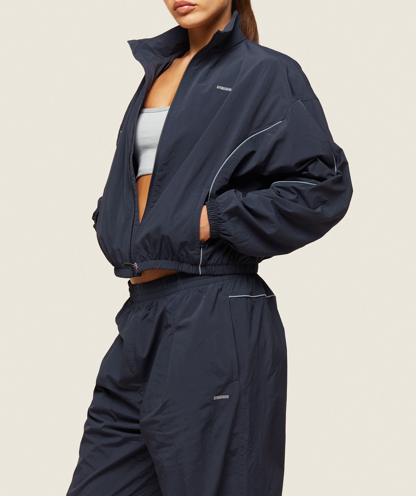 GYMSHARK Vintage Running Jacket - Classic Track Top in Navy/Stone Wash Colors