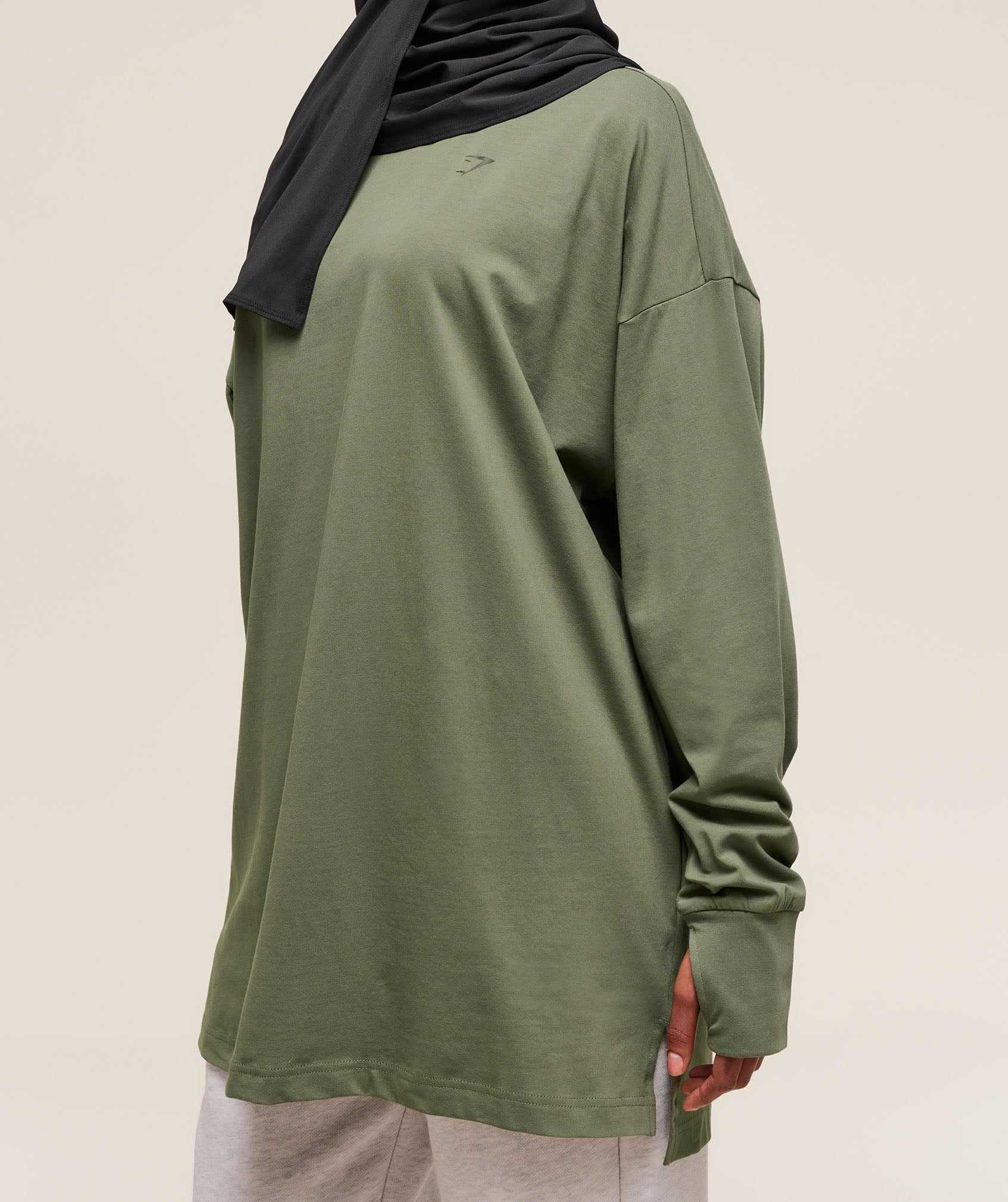 GYMSHARK Gymshark Women's Oversized Cotton Long Sleeve Shirt - Olive Green Comfort Fit 