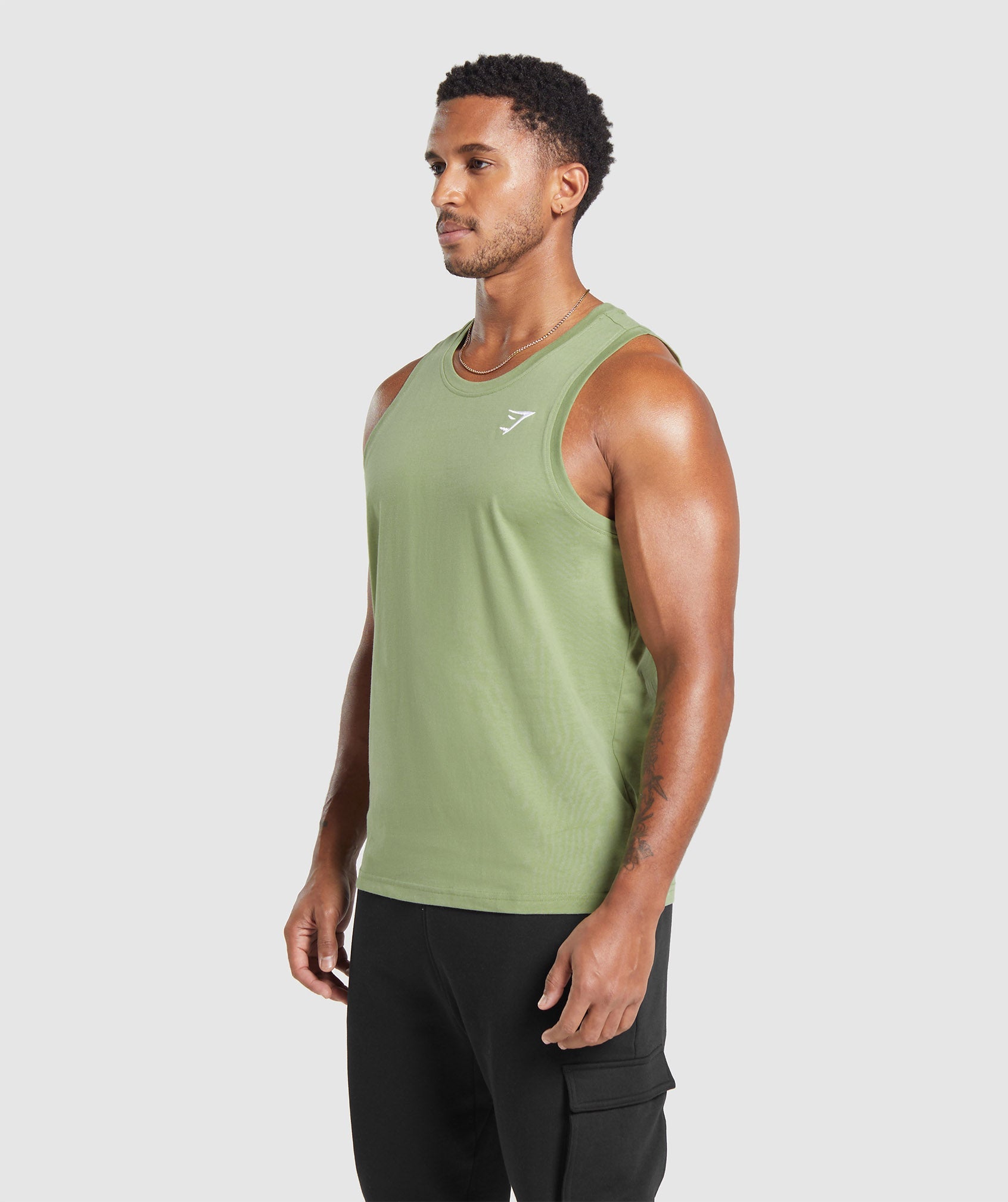 GYMSHARK Men's Performance Tank Top - Soft Sage Green Athletic Fit, Breathable Workout Shirt 