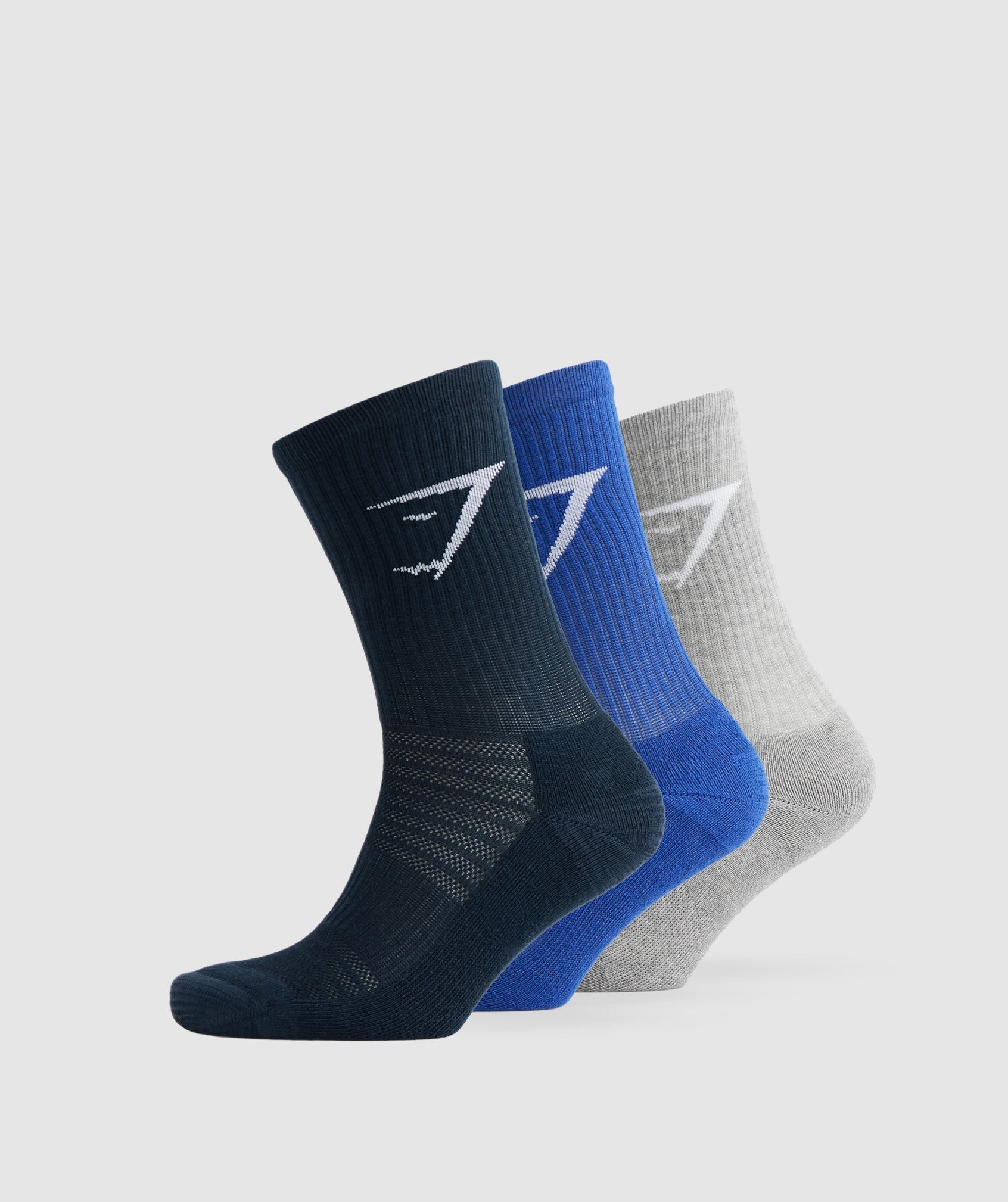 GYMSHARK Athletic Crew Socks Trio - Moisture-Wicking Navy, Sport Blue & Light Grey Marl Pack