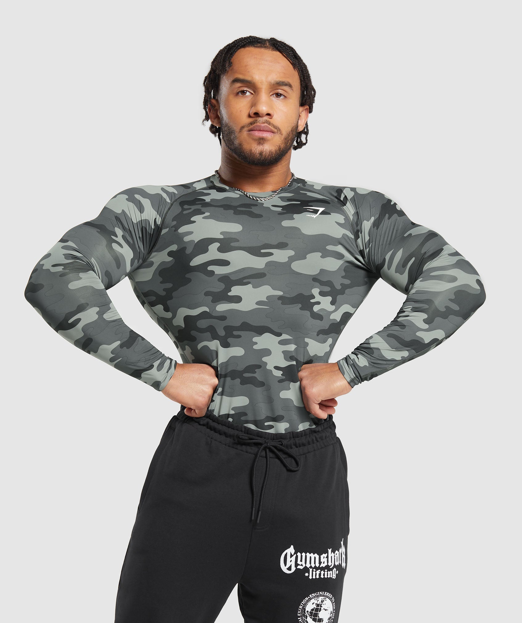 GYMSHARK Element Baselayer Long Sleeve Workout Top - Breathable Grey Camo Print