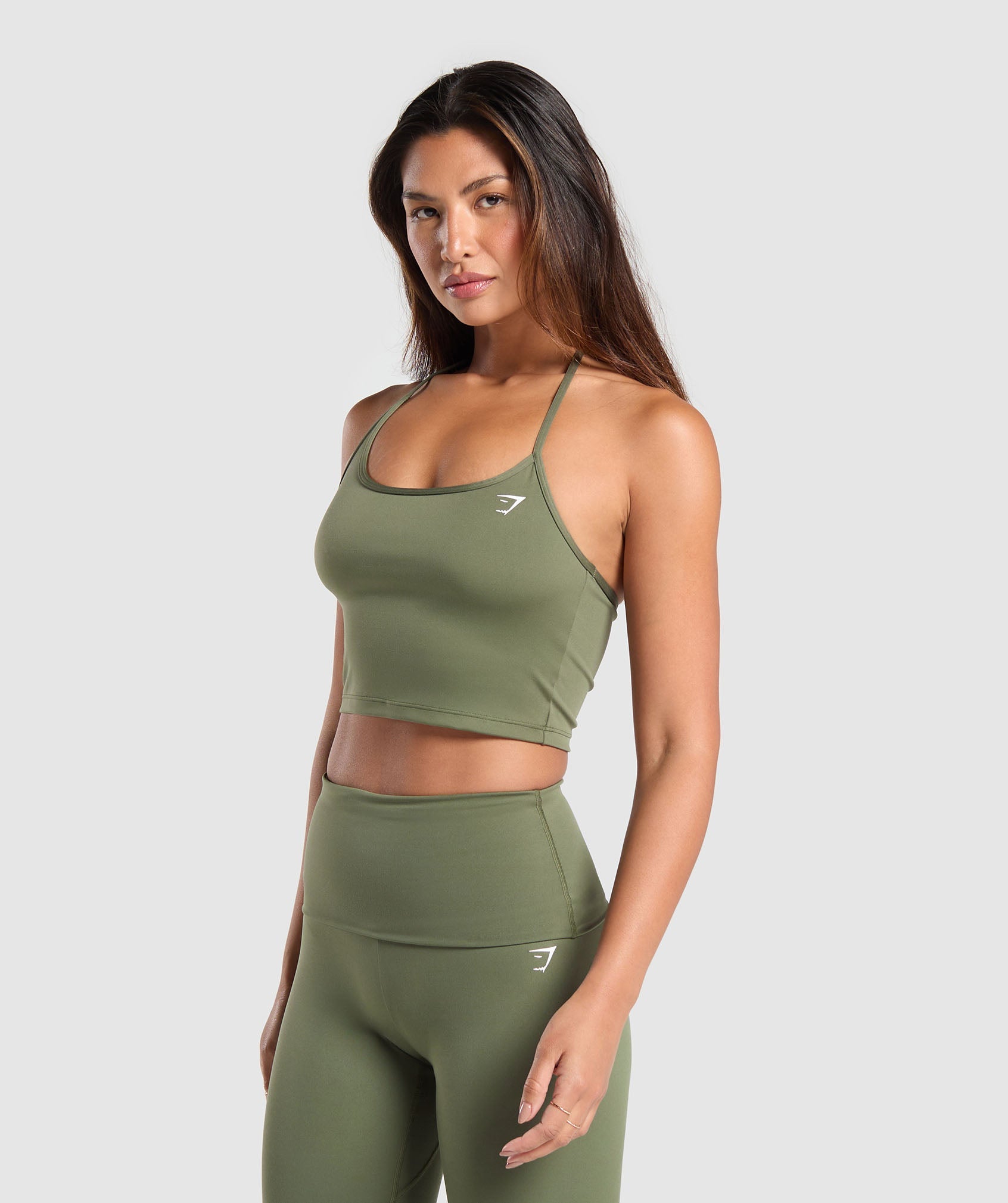 GYMSHARK GYMSHARK Everyday Off-Shoulder Cropped Tank - Olive Green, Workout-Ready Fitness Essential 