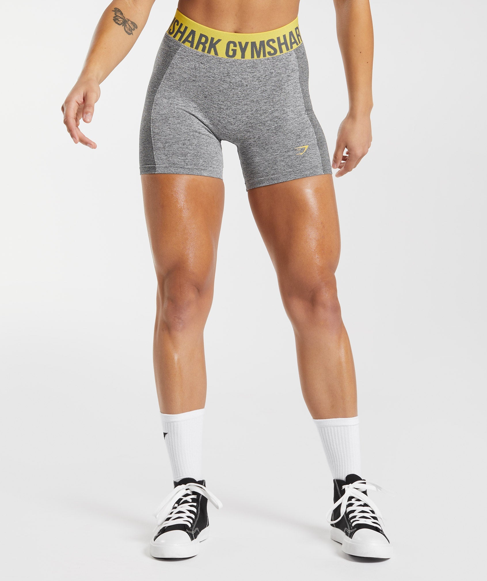 GYMSHARK Flex Training Shorts - Charcoal Grey with Vibrant Medallion Yellow Accents | High-Performance Gym Wear
