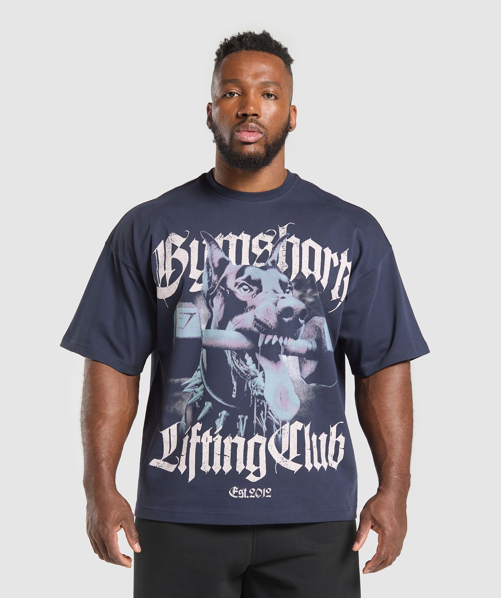 GYMSHARK Doberman Print Crew Neck Tee - Navy Blue Fitness Apparel for Men