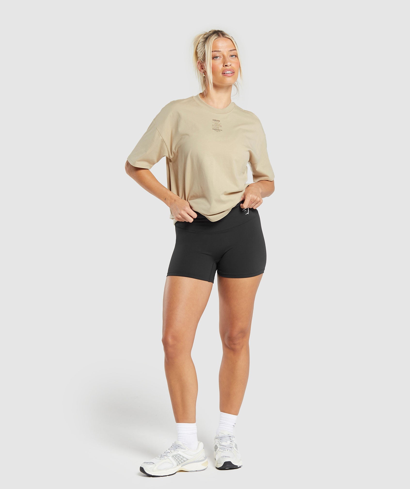 GYMSHARK Soft Vintage-Inspired Oversized Tee with Care Label Graphic - Vanilla Beige
