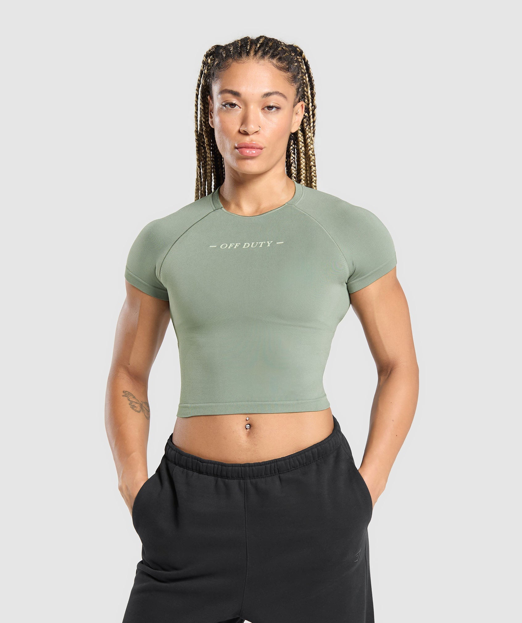 GYMSHARK Relaxed Fit Seamless Cropped Tee - Olive Green
