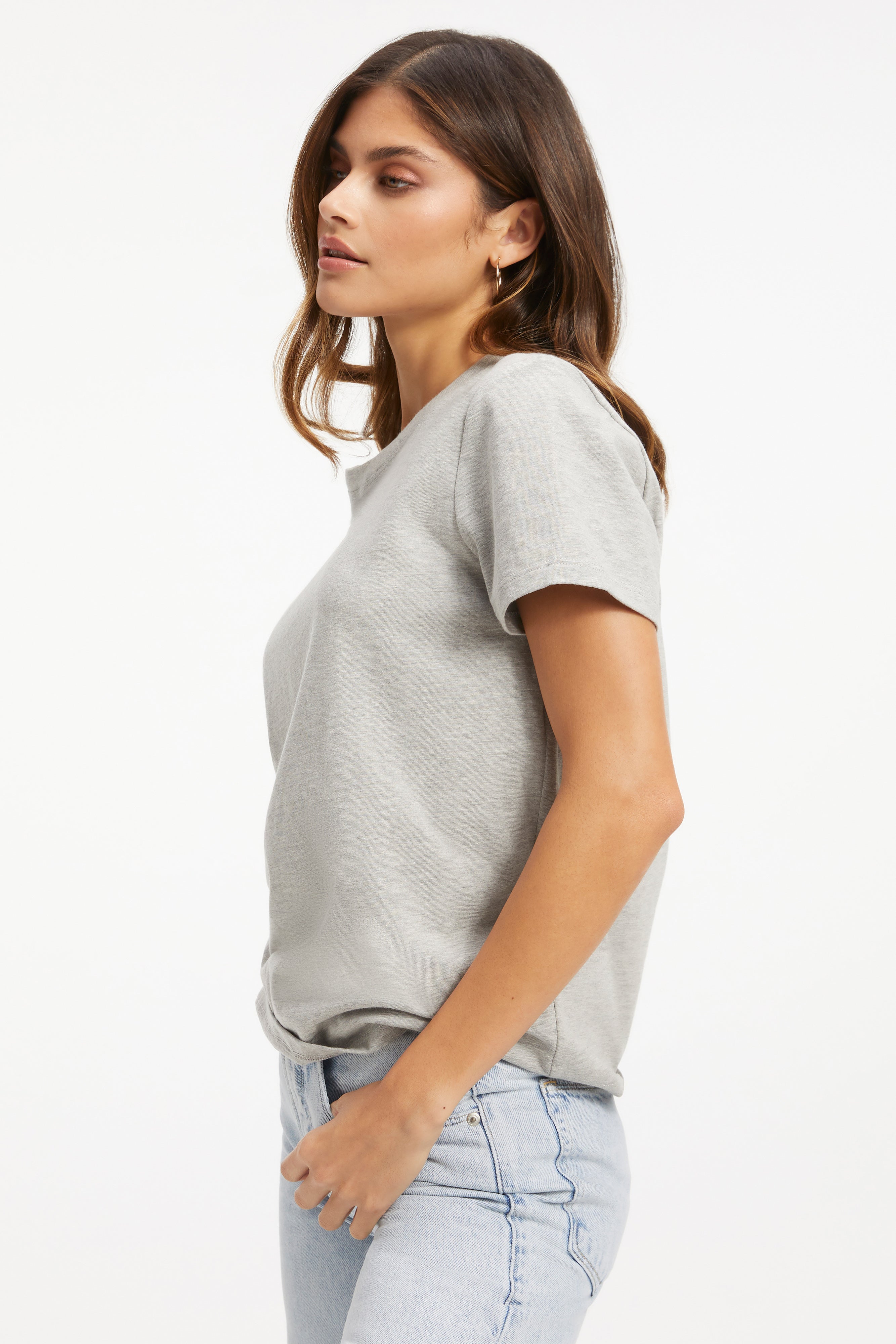 GOOD AMERICAN Premium Soft Cotton Crewneck T-Shirt | Heathered Grey Relaxed Fit