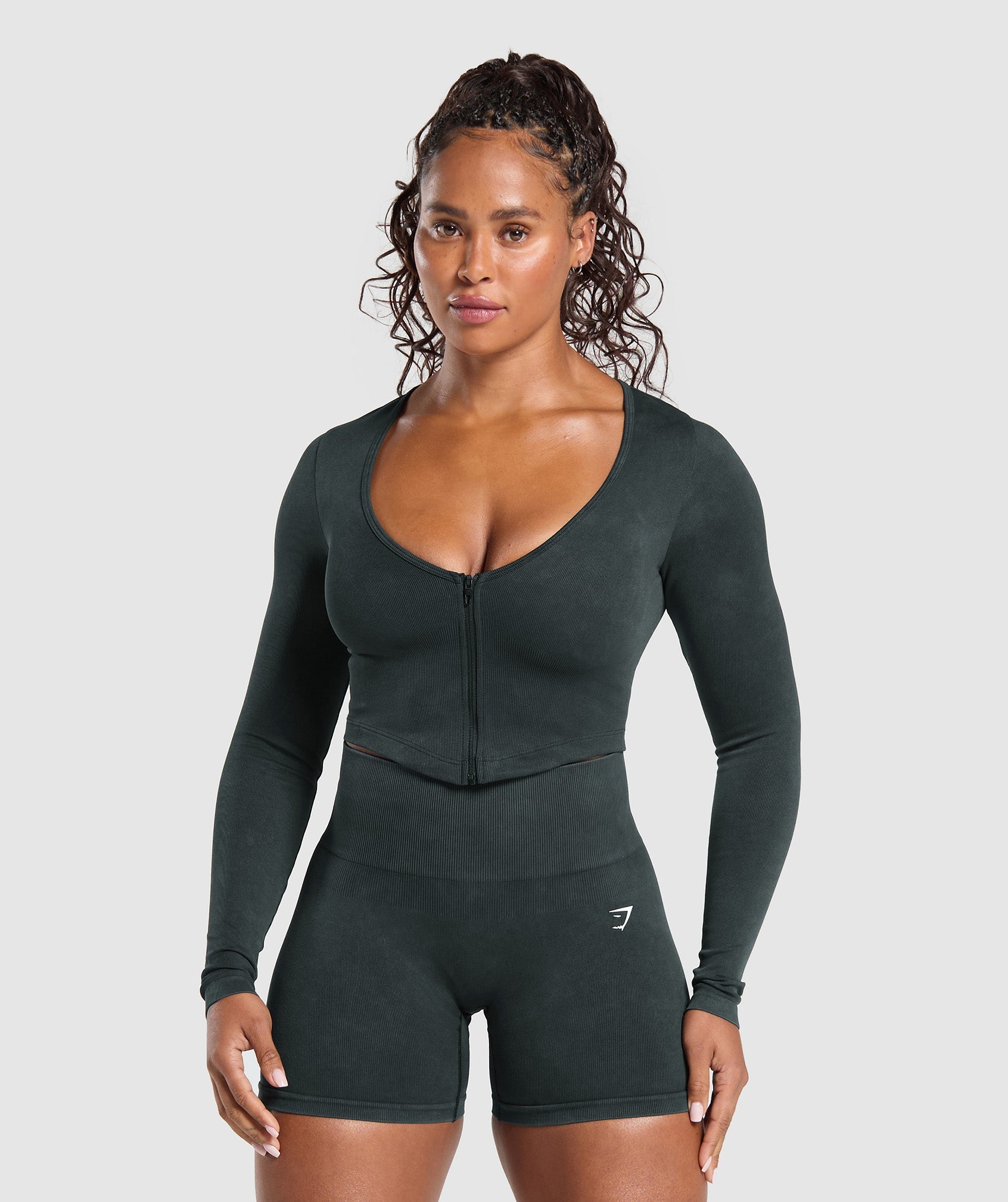 GYMSHARK GYMSHARK Vintage Wash Seam-Free Zip Hoodie Jacket in Classic Black