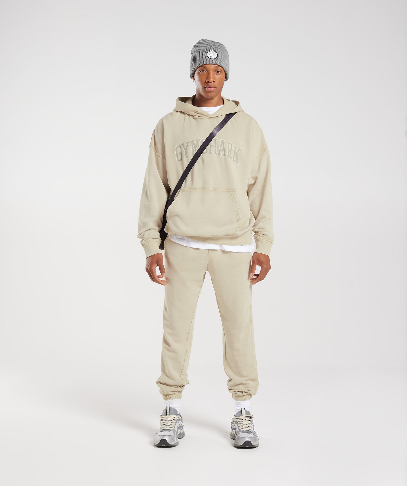 GYMSHARK Men's Vintage College Hooded Sweatshirt | Stone Grey Acid Wash 
