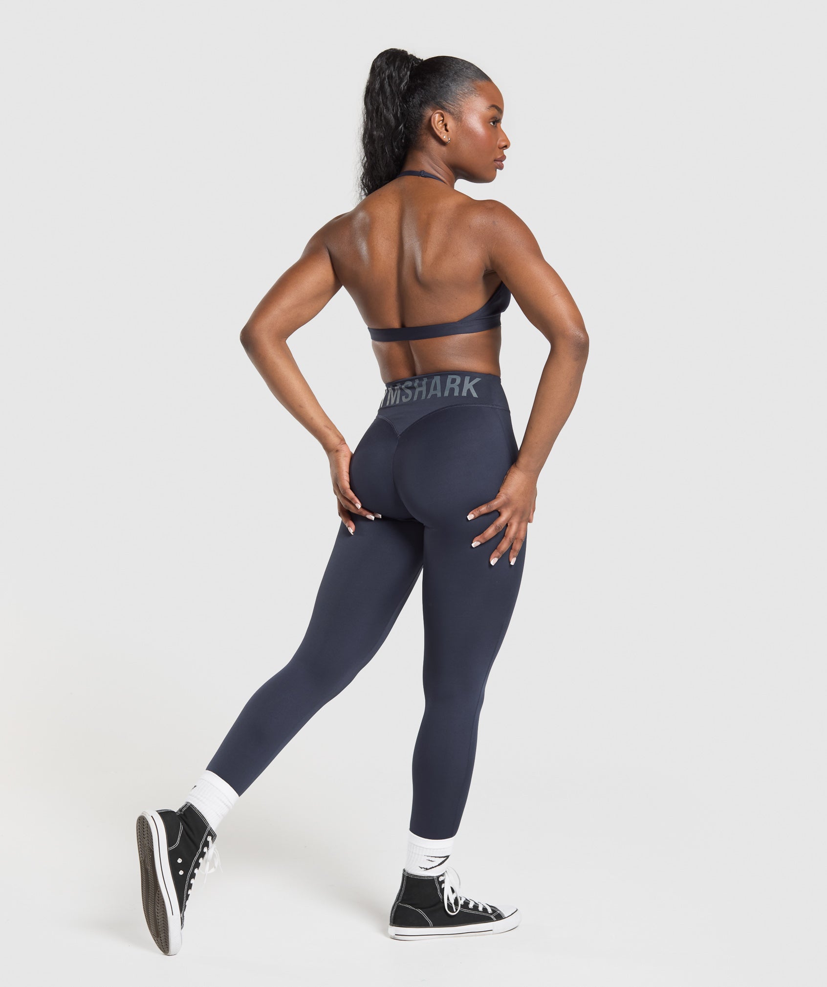 GYMSHARK Gymshark High-Waisted Workout Leggings with Bold Brand Logo - Navy Blue 