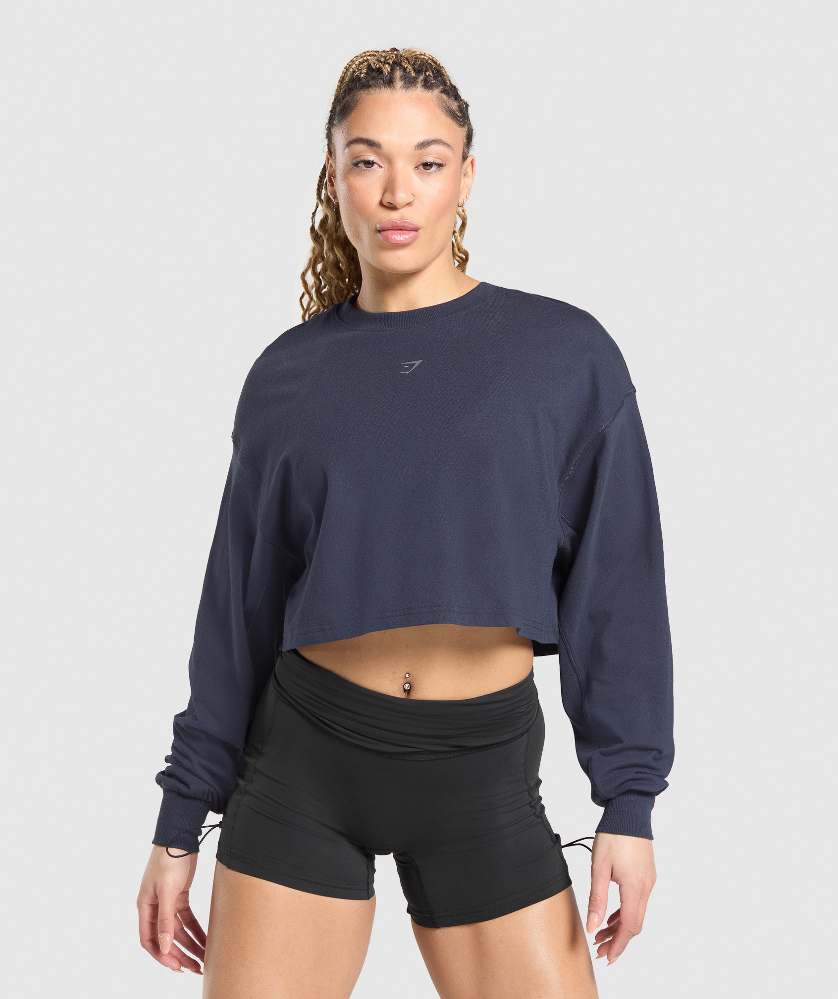GYMSHARK Embroidered Logo Long Sleeve Workout Tee - Premium Navy Blue 