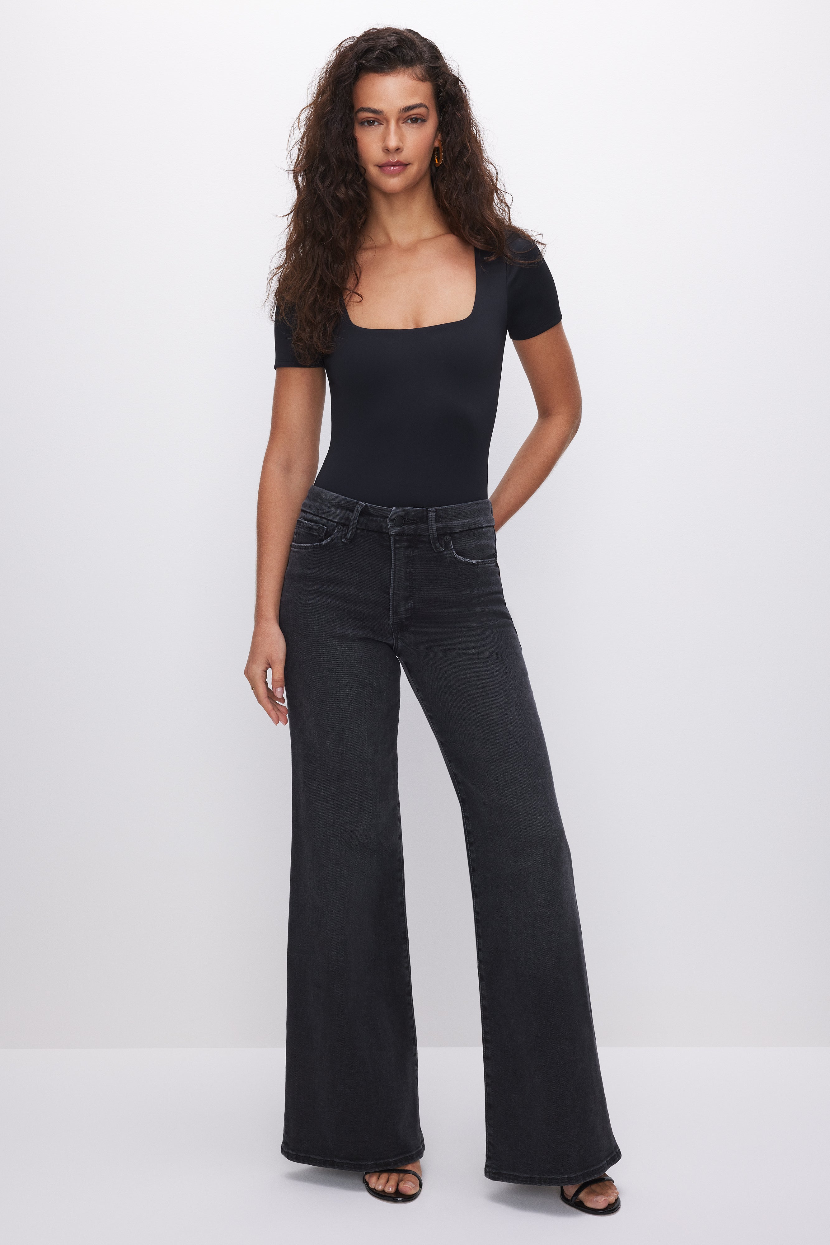GOOD AMERICAN Sleek Scuba Square Neck Bodysuit in Rich Black