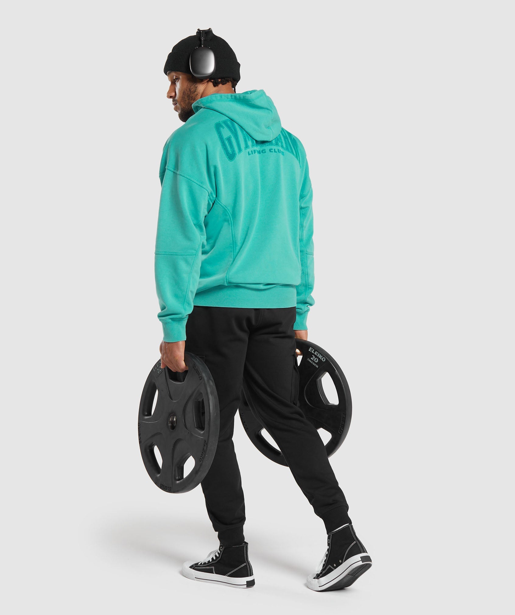 GYMSHARK Heritage Vintage Washed Hooded Sweatshirt - Softened Capri Blue Cotton Blend 