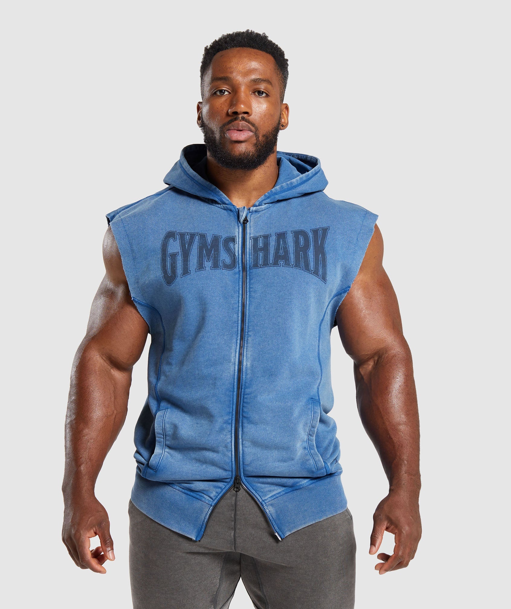 GYMSHARK Gymshark Vintage-Inspired Sleeveless Zip Hoodie - Distressed Retro Blue Wash