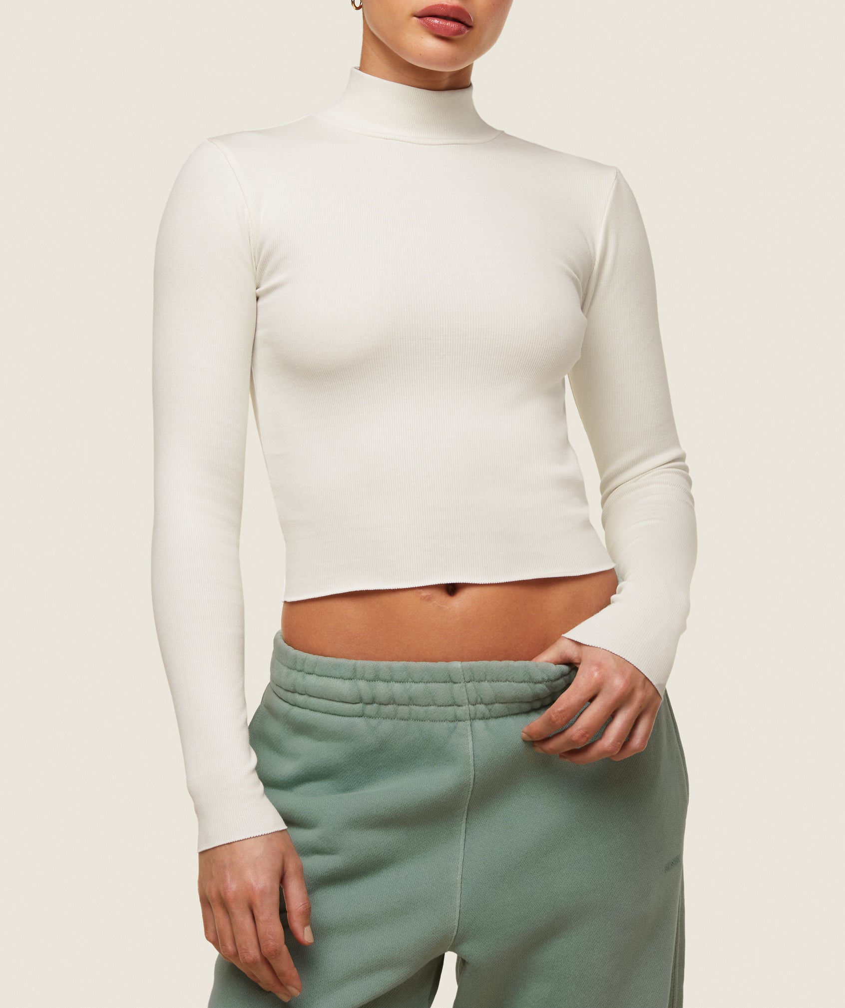 GYMSHARK Ultra-Soft Ribbed Turtleneck Top - Creamy White Long Sleeve Everyday Essential