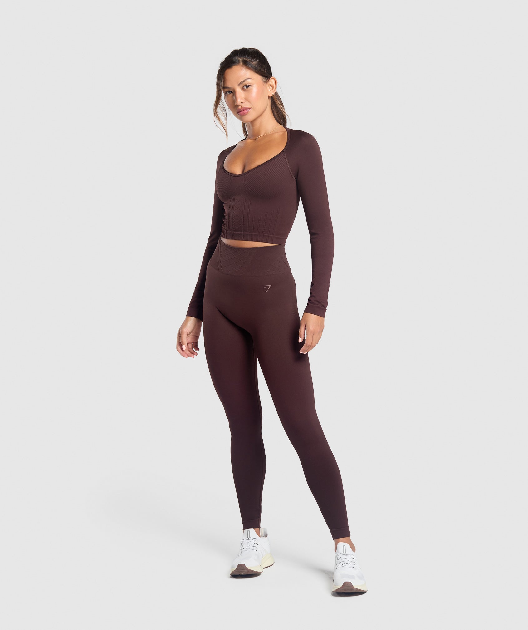 GYMSHARK Sculpting Seamless Long Sleeve Shapewear Top - Heritage Brown Tone | Tummy Control Design, Buttery Soft Gym Essential